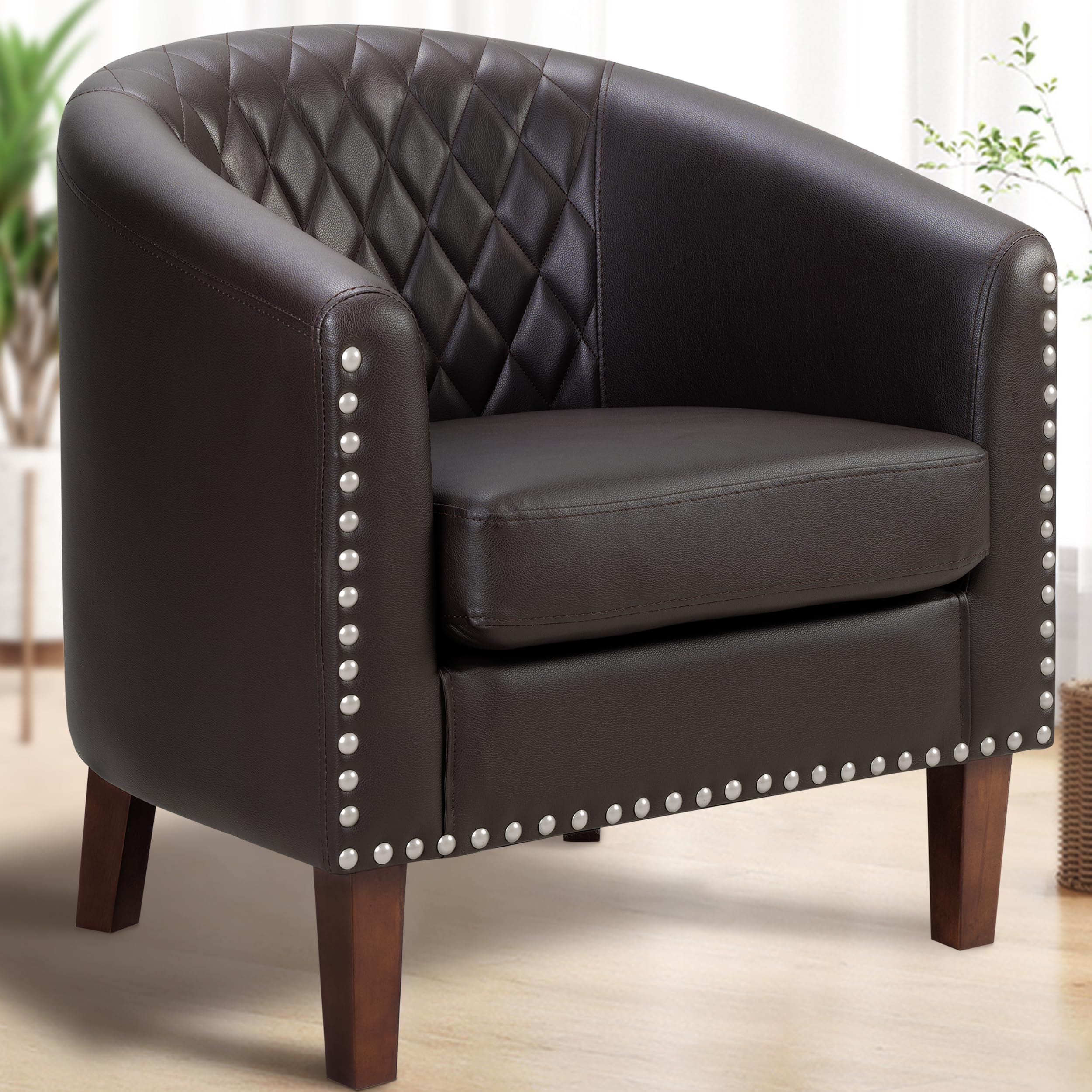 Primezone Barrel Chair, Comfy Accent Chair, Faux Leather Living Room Chairs Club Chair With Cushion, Nailhead Trim And Diamond M