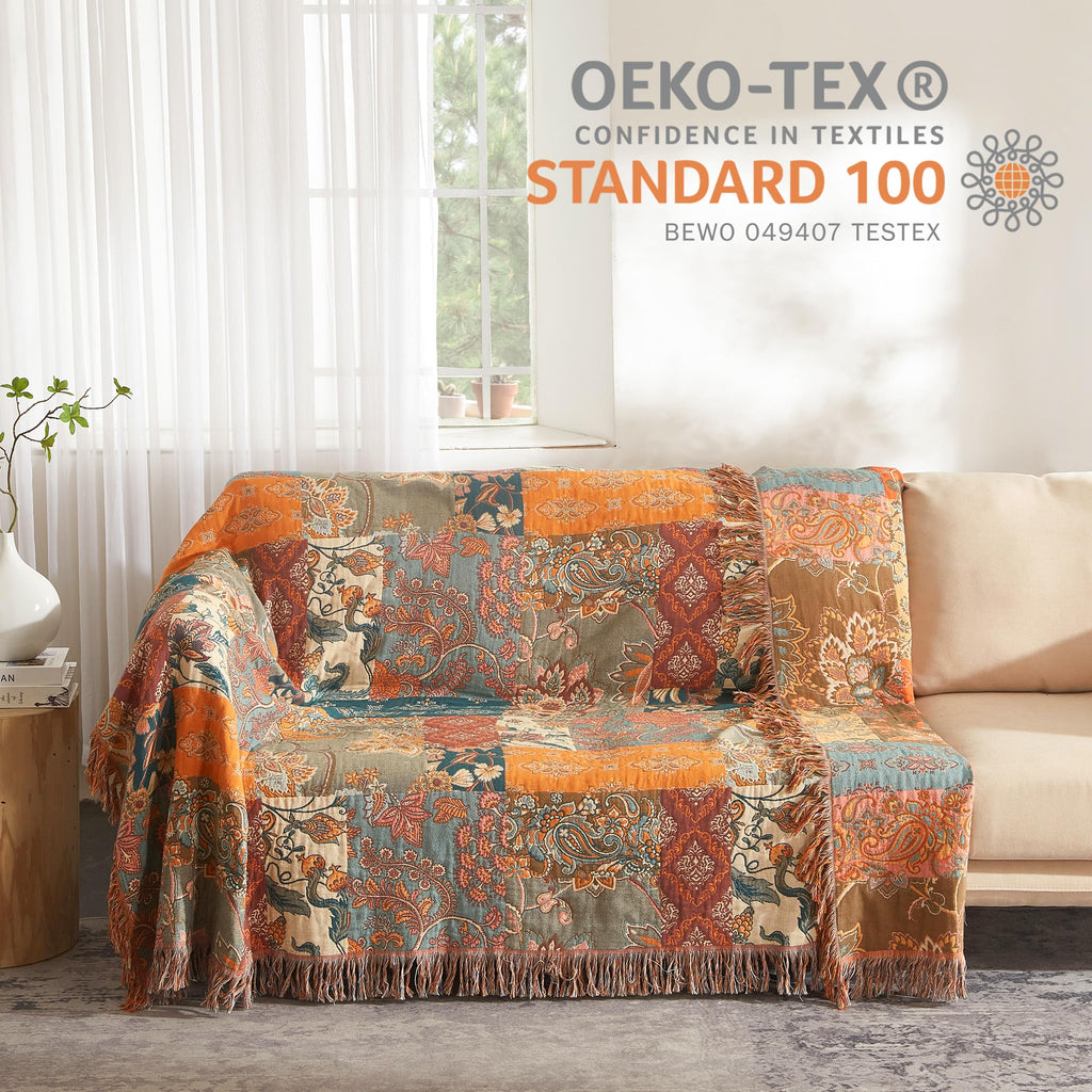 Boho Throw Blanket For Bed 90   X98   , 100% Cotton Woven Blanket For Couch Sofa, Ultra Soft 4-Layer Muslin Quilt With Patchwork