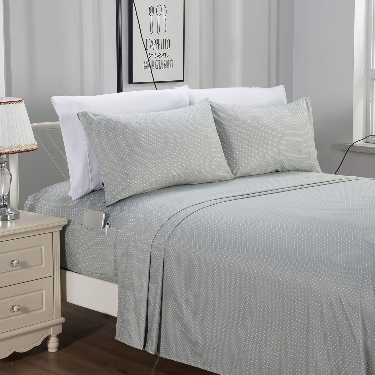 Elegant Comfort Delilah Polkadot 4-Piece Set, Fade & Wrinkle Resistant, 1500 Premium Hotel Quality Microfiber Deep Pocket Fitted Sheet Featuring Smart Pockets, Polkadot Sheet Set, Twin Xl, Grey