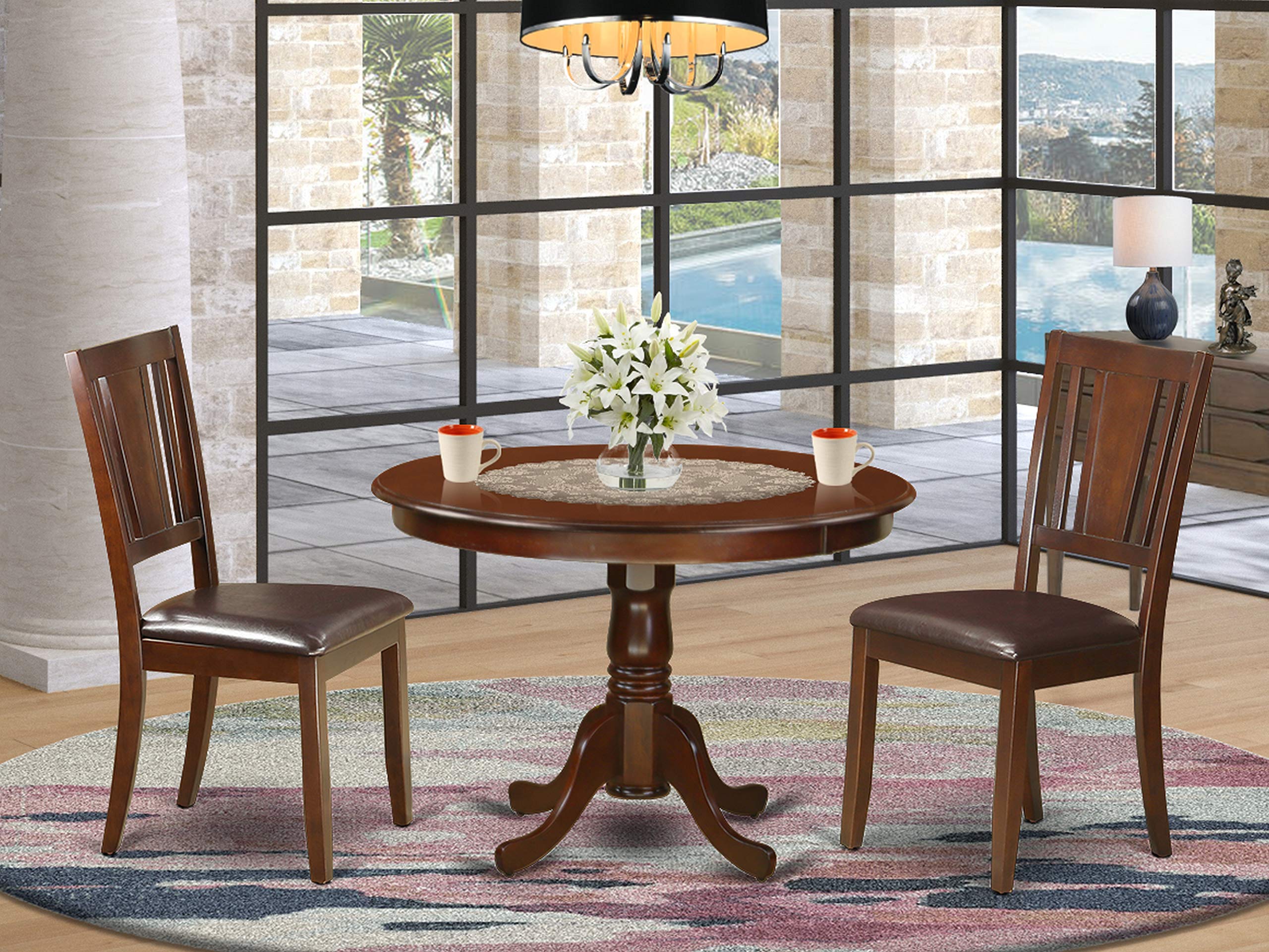 East West Furniture HLDU3-MAH-LC 3 Piece Dining Table Set for Small Spaces Contains a Round Dining Room Table with Pedestal and 2 Faux Leather Upholstered Chairs, 42x42 Inch, Mahogany