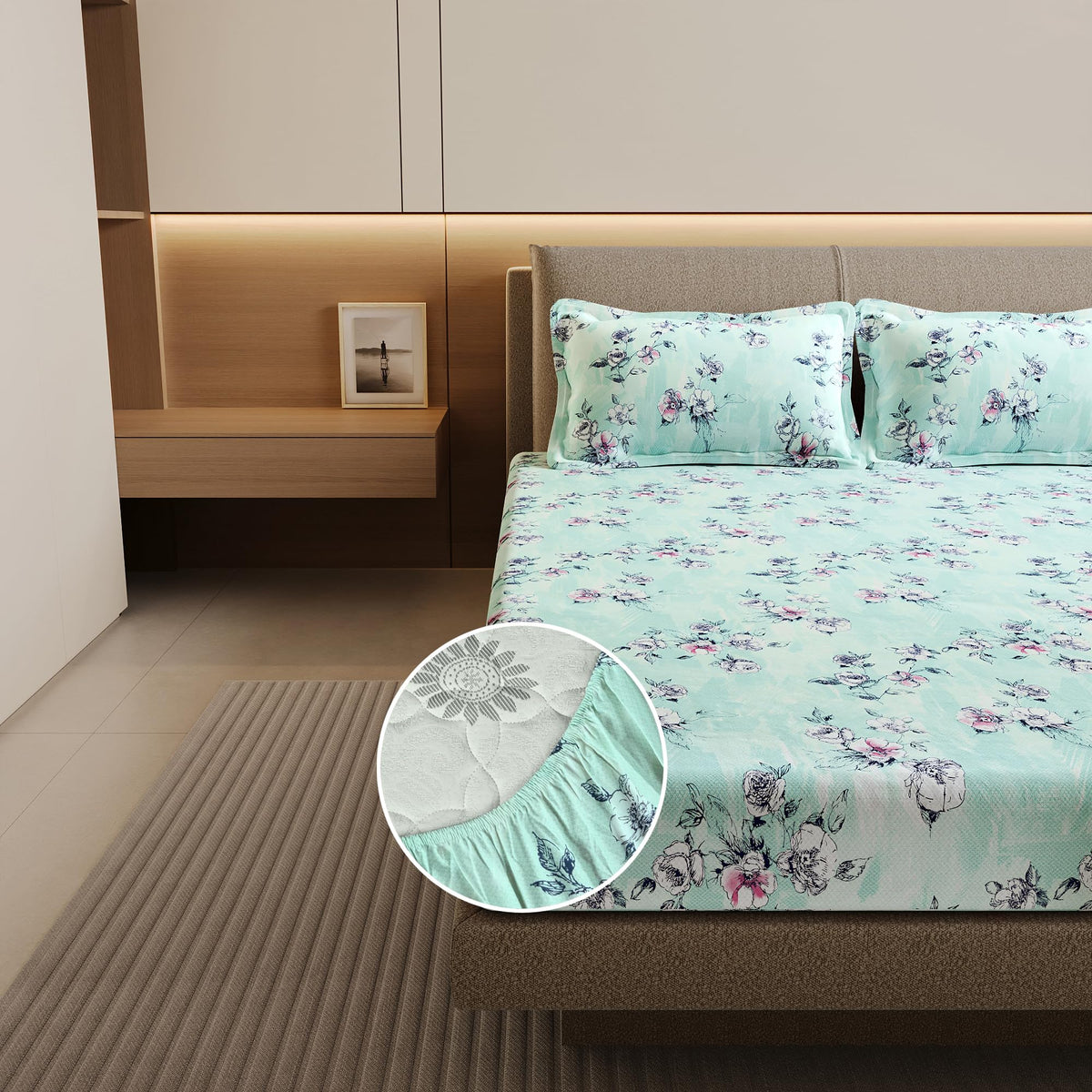 Divine Casa Fitted Sheet for Double Bed (200 x 150 CM) with 2 Pillow Covers | 100% Cotton Double Fitted Bedsheet | Elastic Mattr