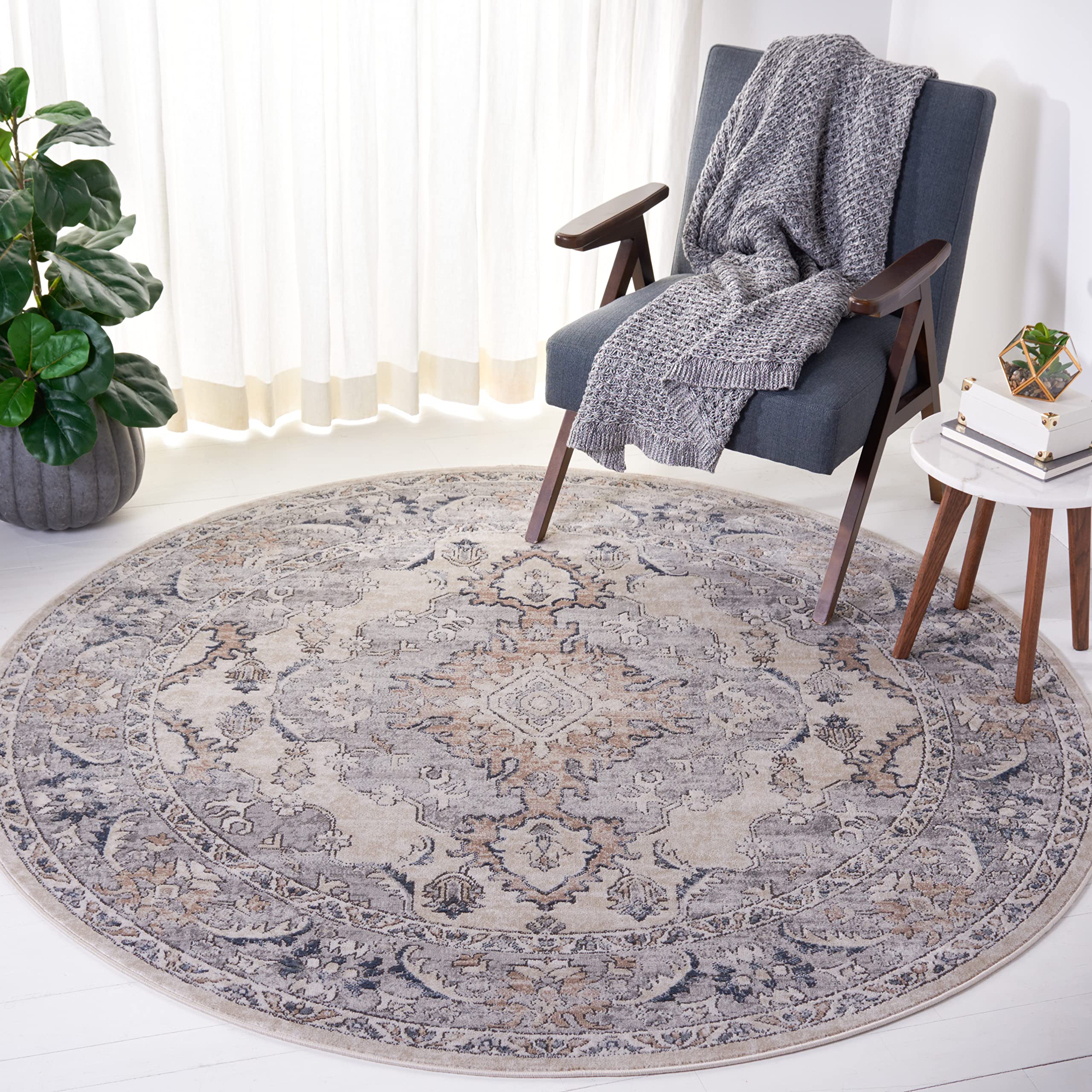SAFAVIEH Oregon Collection 8 Round Beige/Grey ORE898B Oriental Distressed Non-Shedding Area Rug