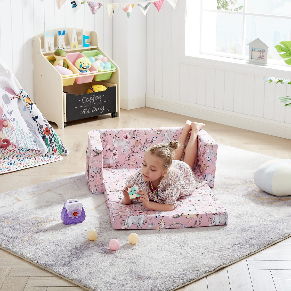 Ulax furniture Kids Convertible Sofas Children Flip-Out Sofa - 2-in-1 to Lounge Chair (Pink Unicorn)
