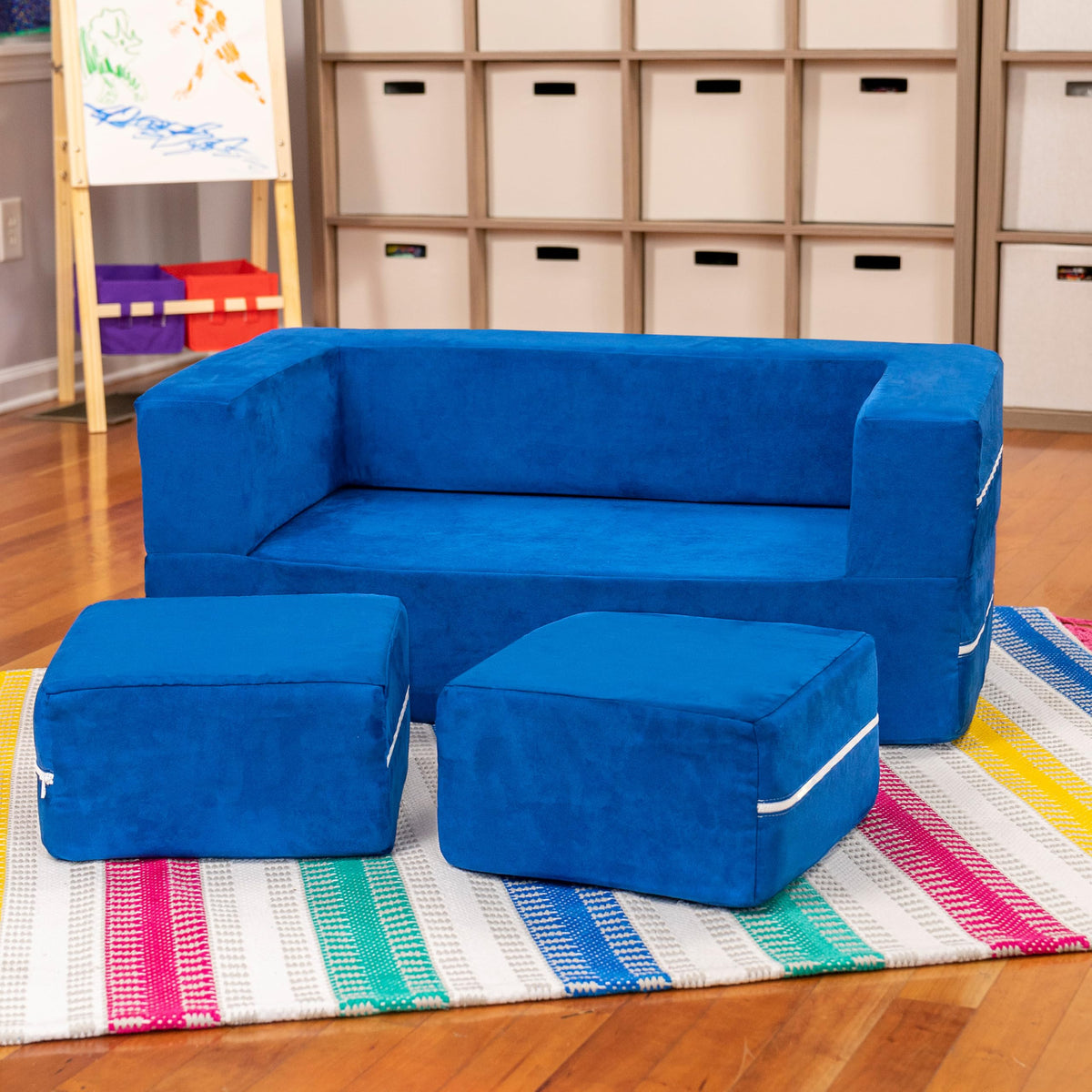 Jaxx Zipline Kids Modular Loveseat & Ottomans/Fold Out Lounger, Blueberry