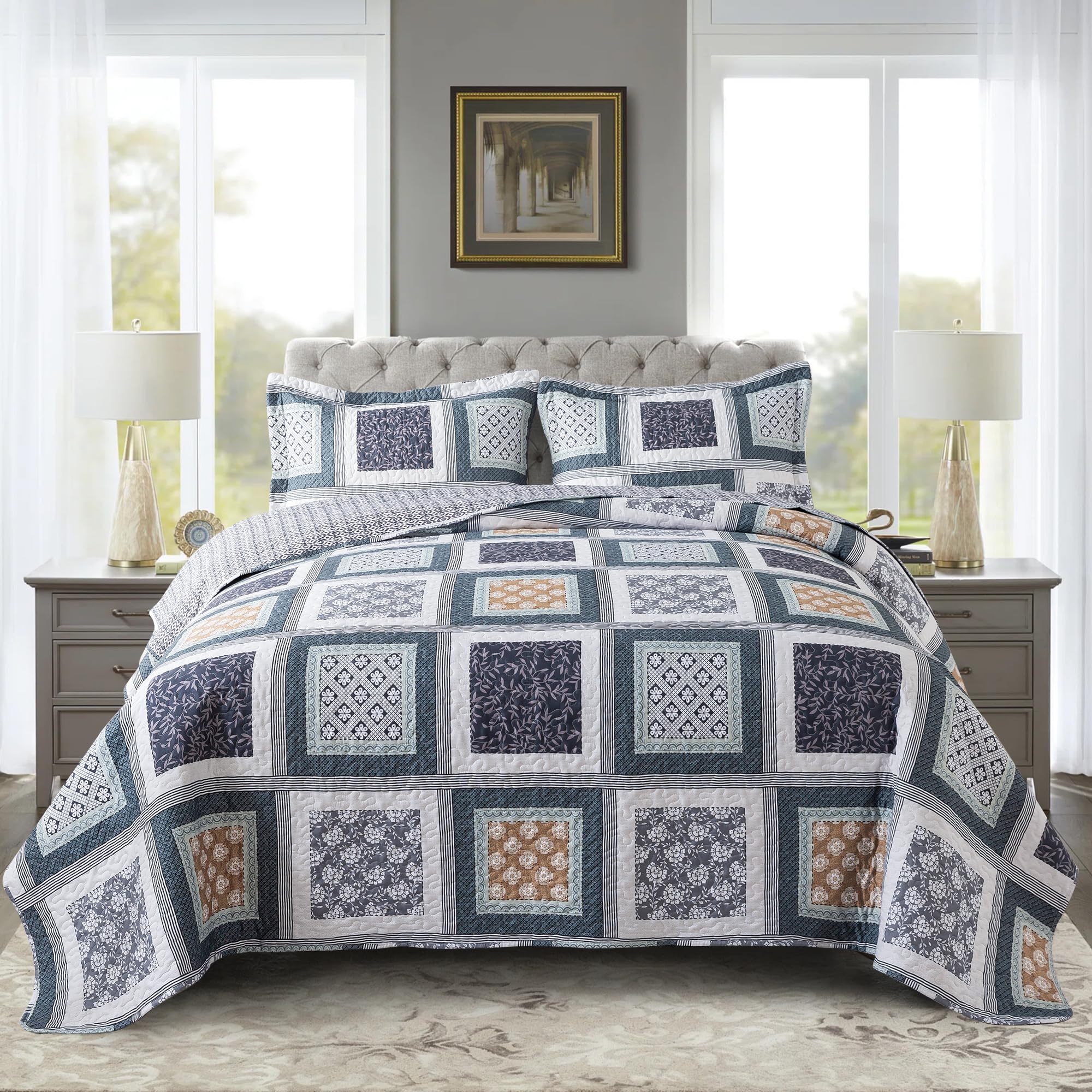 Newlake Quilt Bedspread Sets - Bohemian Farmhouse Pattern Reversible Coverlet Set, King Size