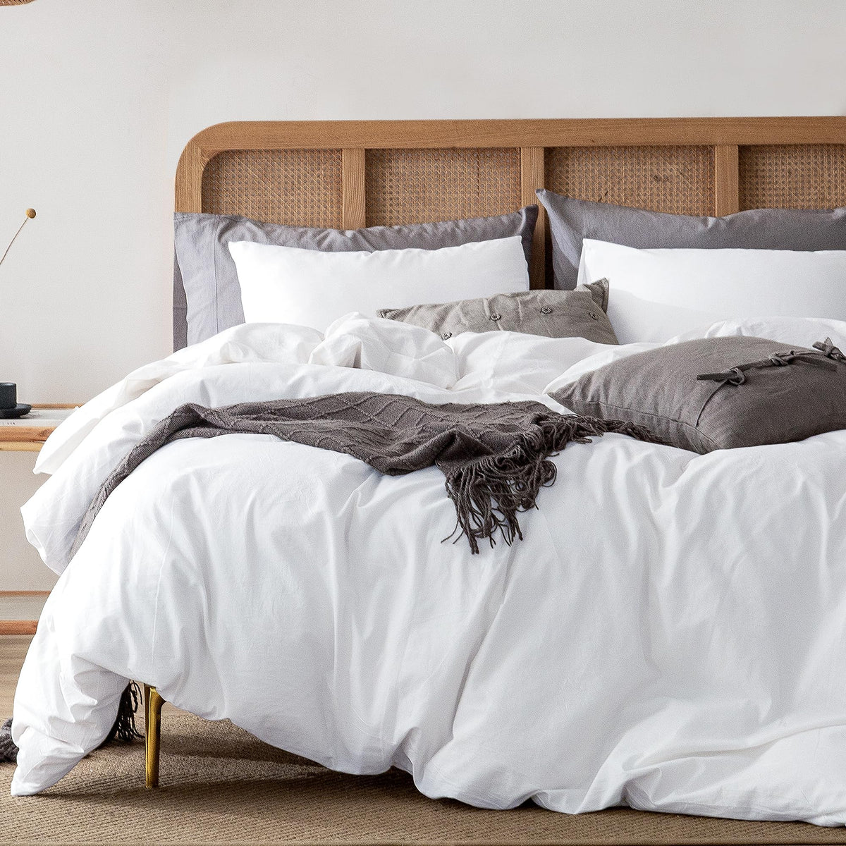 Atsense Duvet Cover Super King, 100% Washed Cotton Linen Feel Super Soft Comfortable, 3-Piece White Duvet Cover Bedding Set, Long-Lasting And Easy Care, Simple Style Farmhouse Comforter Cover