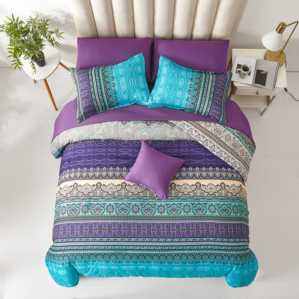 Boho Comforter Set Full Size 8 Piece Bed In A Bag Bohemian Striped Bedding Quilt Set Aqua Paisley Floral Comforter And Sheet Set