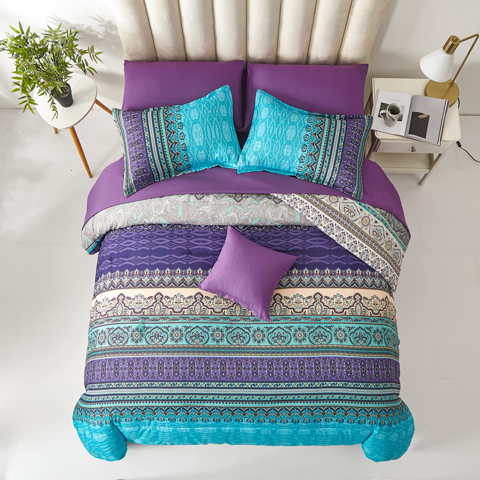 Boho Comforter Set Full Size 8 Piece Bed In A Bag Bohemian Striped Bedding Quilt Set Aqua Paisley Floral Comforter And Sheet Set
