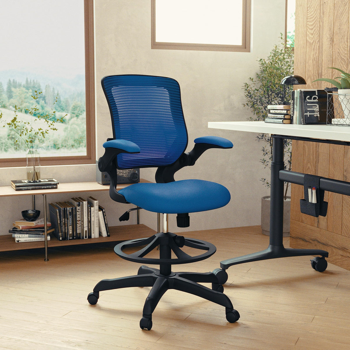 Flash Furniture Kale Mid-Back Blue Mesh Ergonomic Drafting Chair | Adjustable Foot Ring, Flip-Up Arms