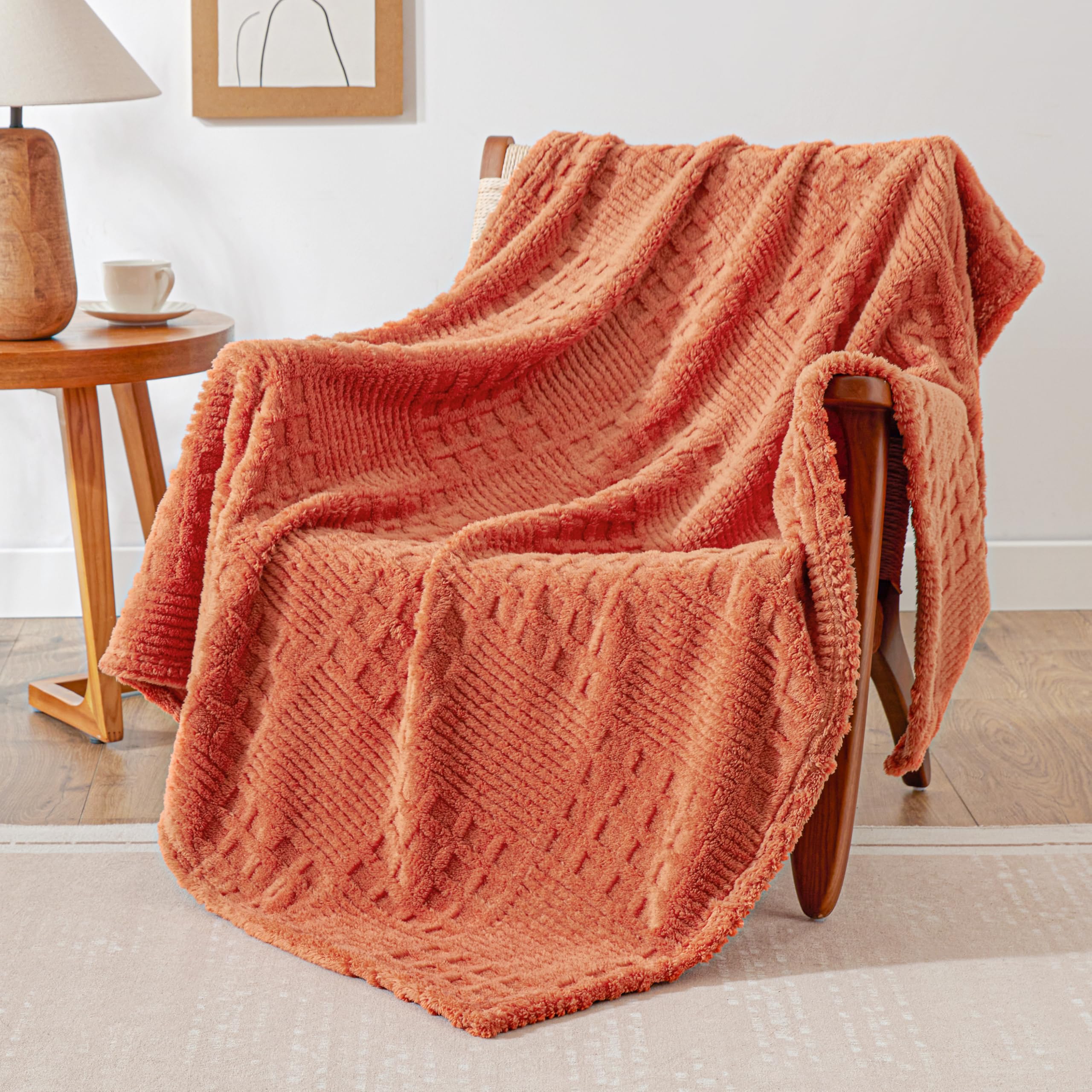 Exq Home Fall Fleece Throw Blanket For Couch Or Bed - 3D Waffle Patchwork Pattern Jacquard Decorative Blankets - Cozy Soft Fuzzy