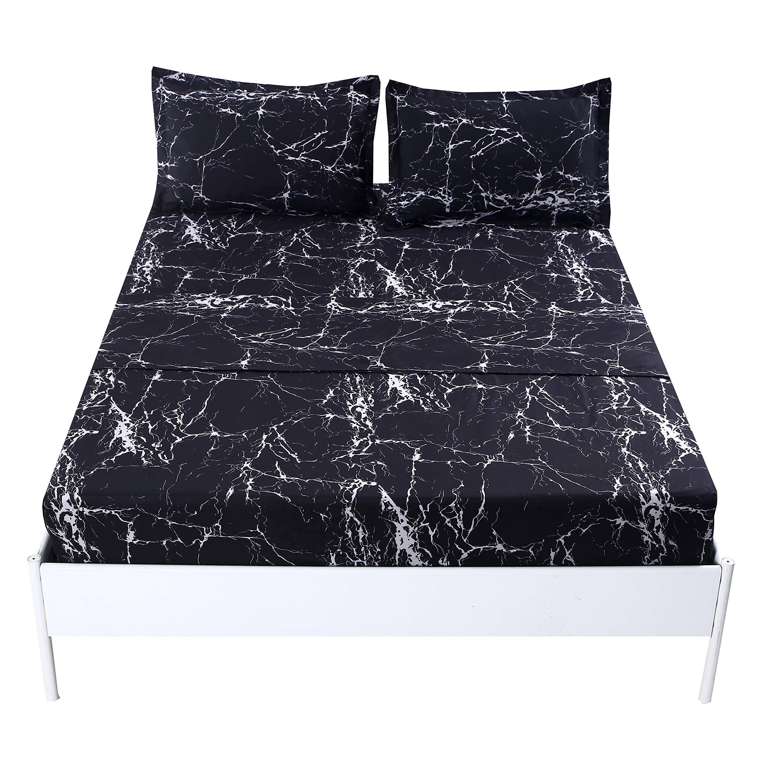 Mag Black Marble, Super Soft Microfiber Bed Sheet 4Pc, Marble Bedding Sheet Set Included 1 Fitted Sheet With 2 Pillowcases, 14 I