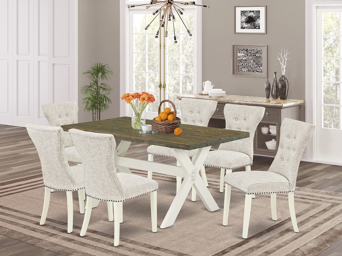 East West Furniture X076Ga235-7 X-Style 7 Piece Modern Dining Set Consist Of A Rectangle Wooden Table With X-Legs And 6 Doeskin Linen Fabric Upholstered Chairs, 36X60 Inch, Multi-Color