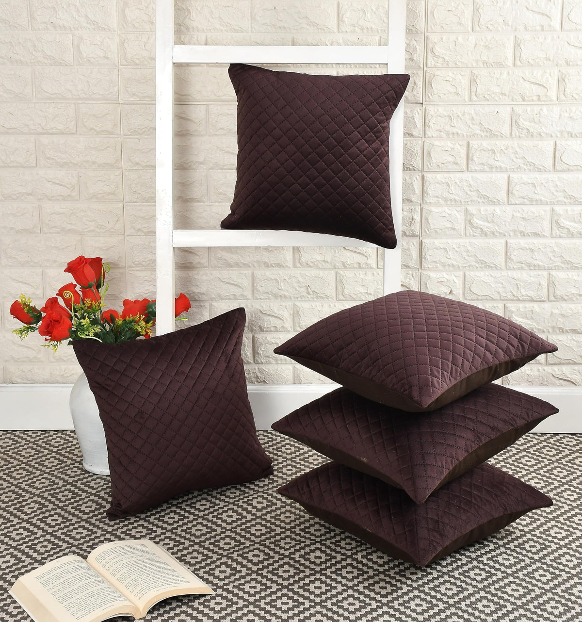 Wise Home Velvet Self Design 16X16 Inch Set Of 5 Quilted Cushion Covers (Coffee)