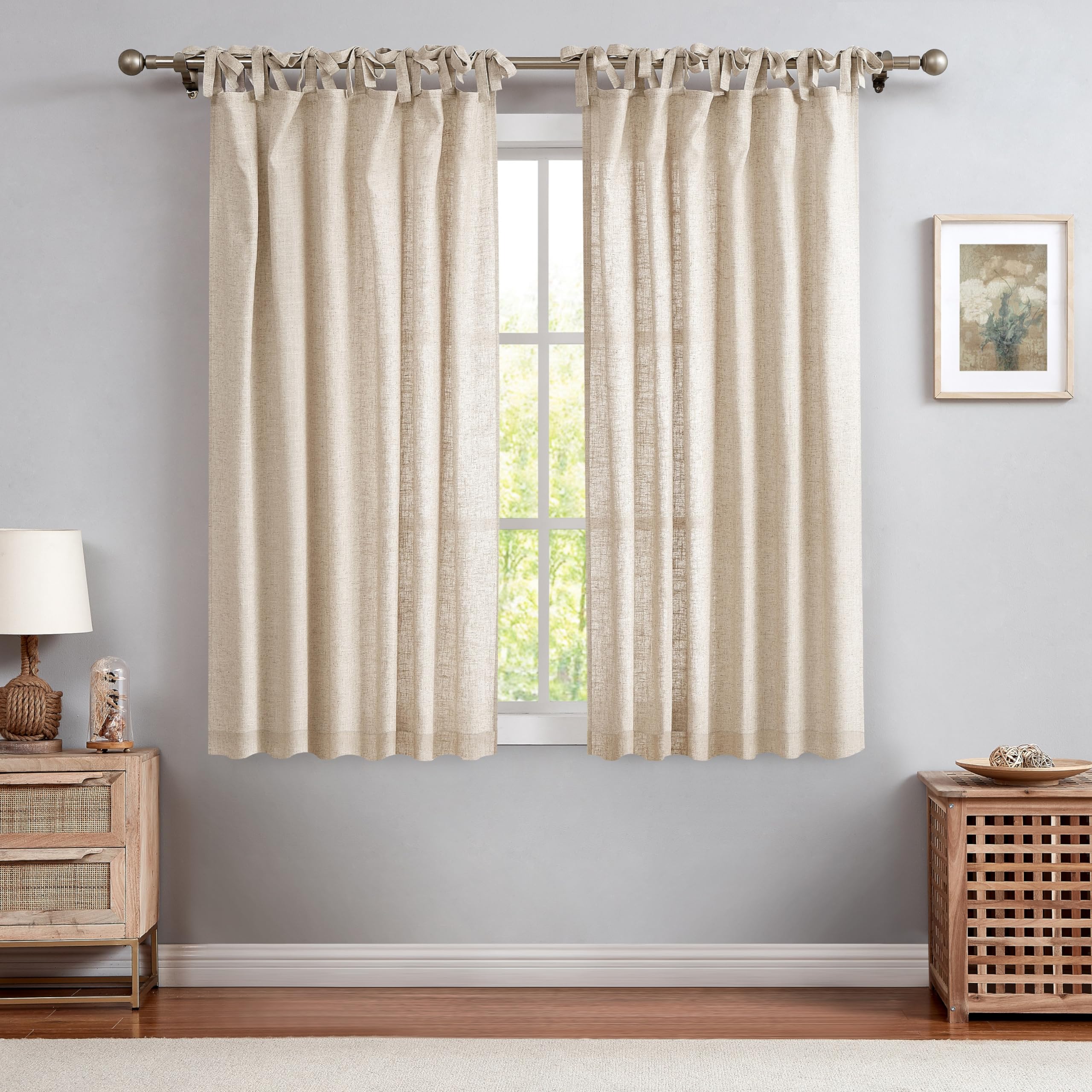 Central Park Linen Tie Top Curtain Semi Sheer Window Treatment Linen Cotton Blend Decorative for Living Room Drape 63 Inch Lengt