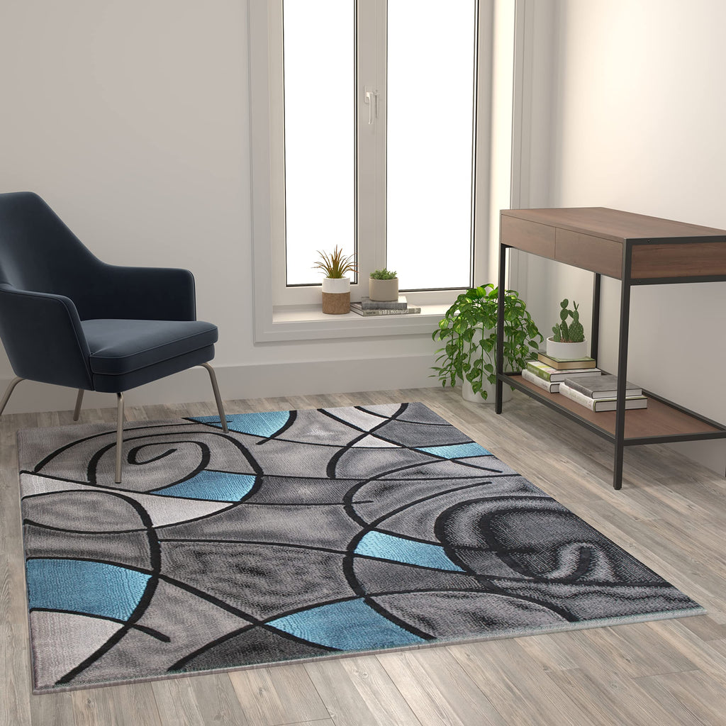 Flash Furniture Jubilee Collection Abstract Area Rug - Colorfast Blue Olefin Rug - 5' X 7' Area Rug - Jute Backing - Living Room, Bedroom, & Family Room