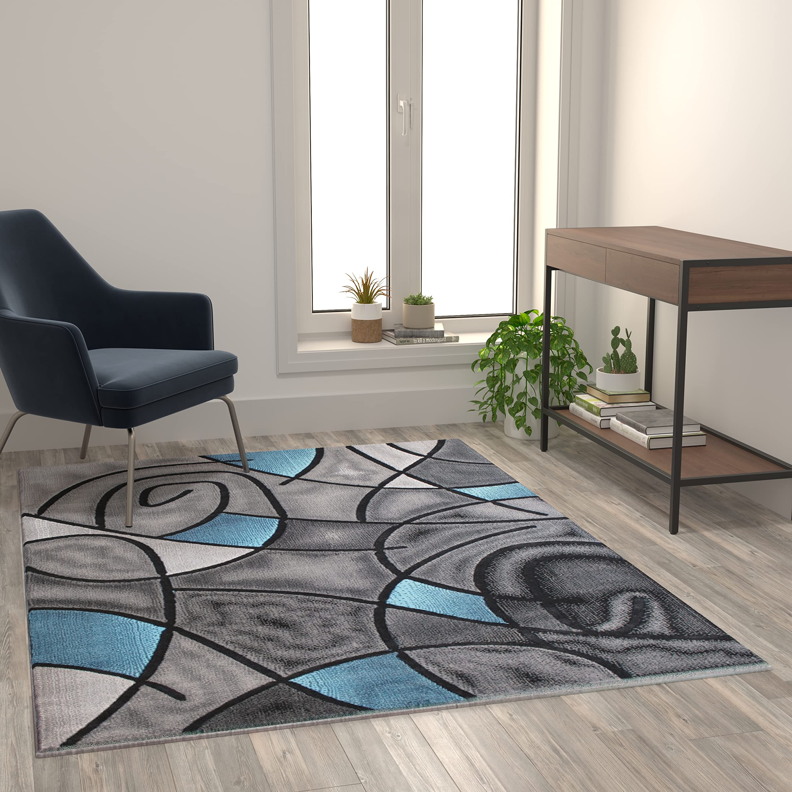 Flash Furniture Jubilee Collection Abstract Area Rug - Colorfast Blue Olefin Rug - 5' X 7' Area Rug - Jute Backing - Living Room, Bedroom, & Family Room