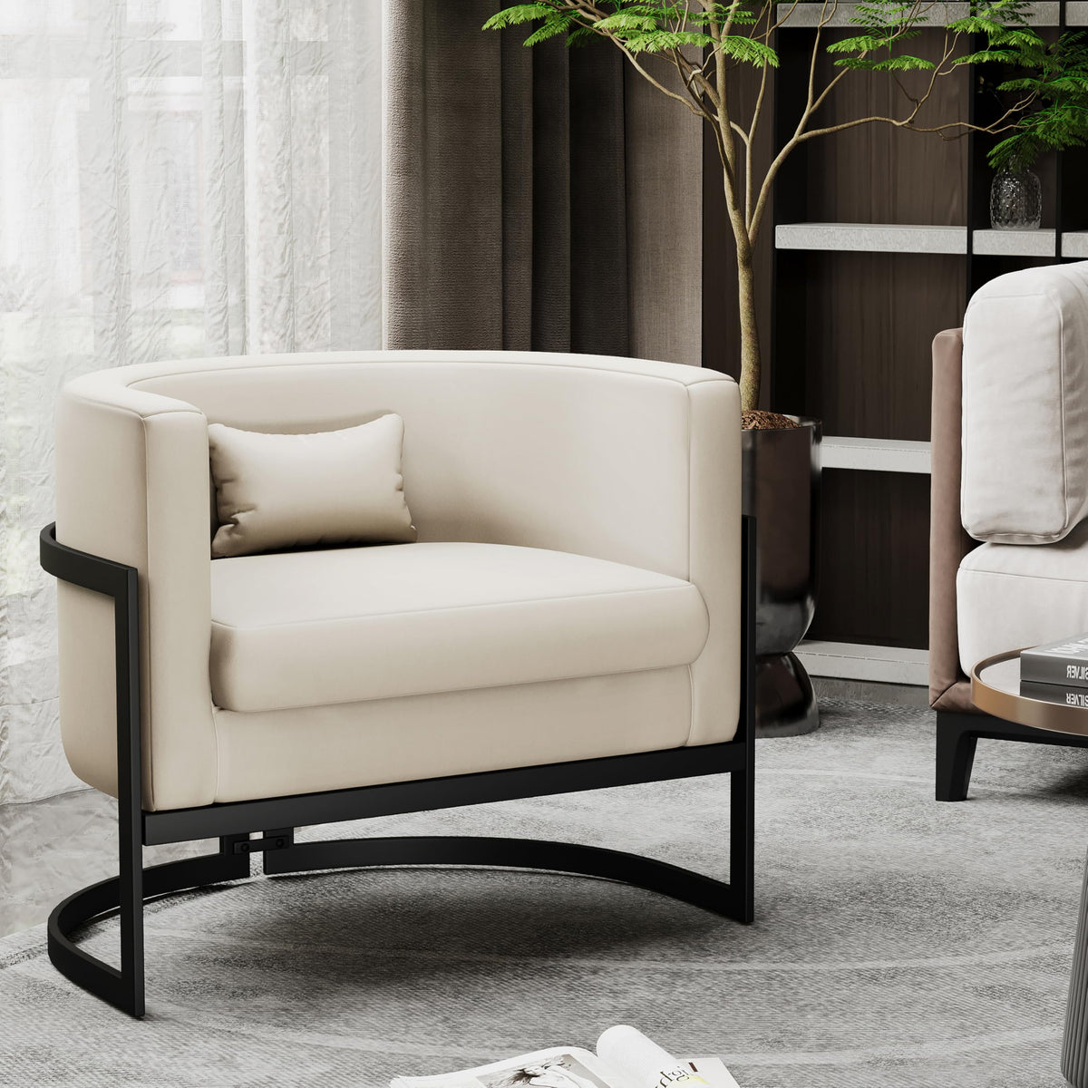 Upholstered Modern Living Room Chair Barrel Accent Chairs, Faux Leather Armchair Mid Century Lounge Chair Anti Scratch Sofa Tub
