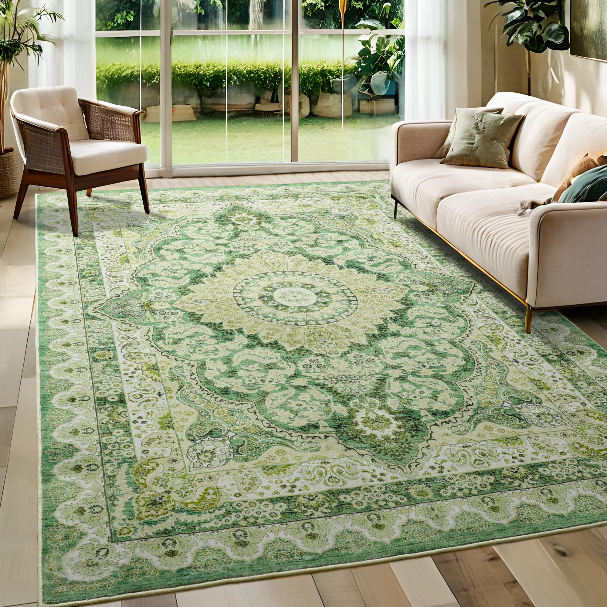 Foxmas 5x7 Area Rugs for Living Room, Machine Washable Vintage Rug, Non-Slip Low Pile Throw Rugs with Rubber Backing Washable Ca