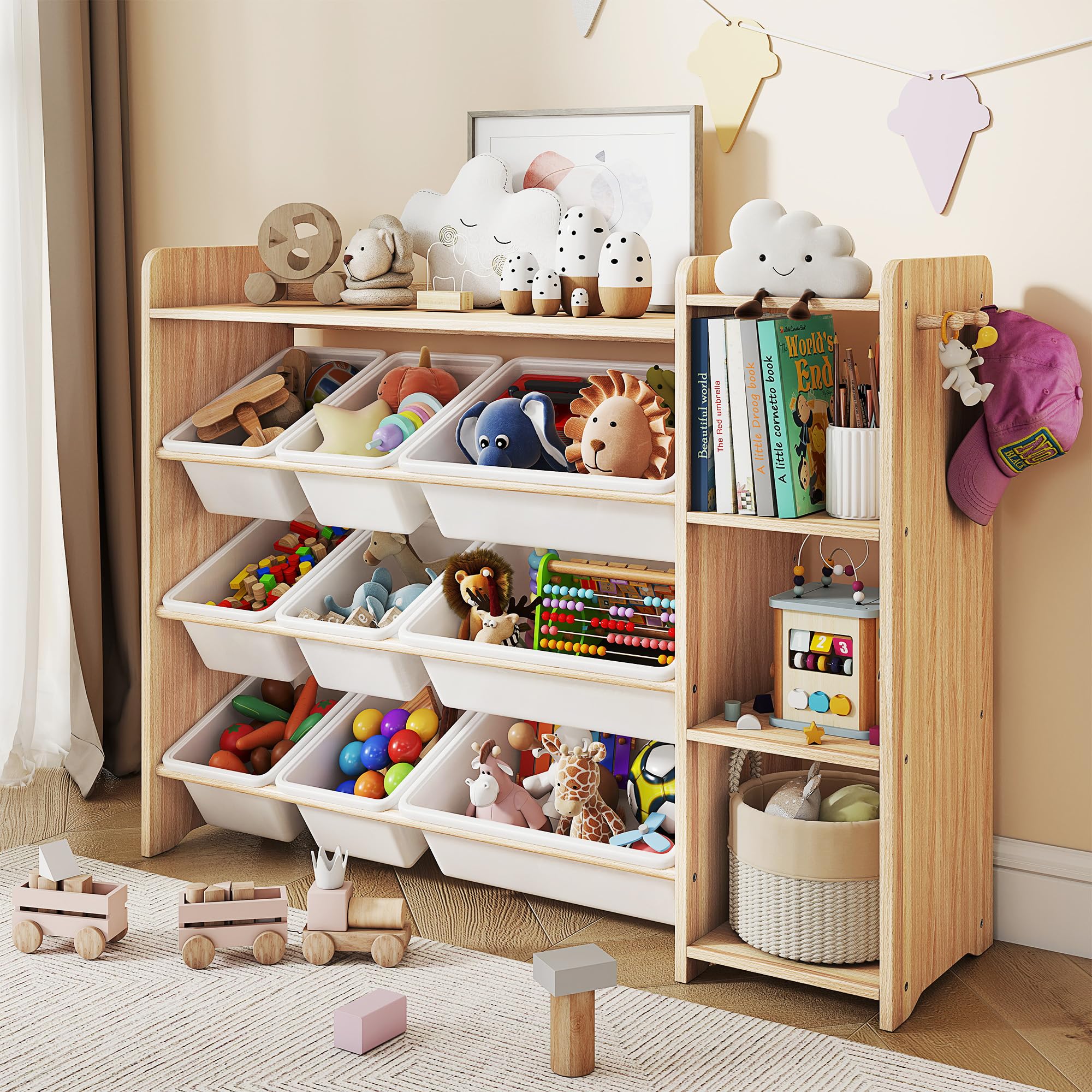 GITAWUSA Kids Toy Storage Organizer, Wooden Shelf with 3 Tiers and 9 Storage Bins, Nursery Room Organizer for Books and Toys, Wh