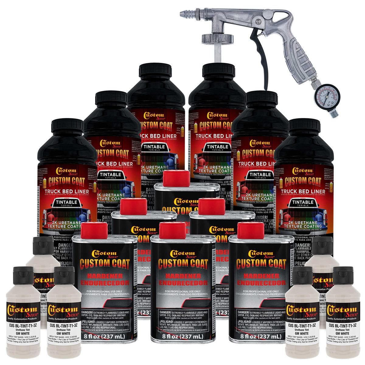 Custom Coat Gm White 1.5 Gallon (6 Quart) Urethane Spray-On Truck Bed Liner Kit With Spray Gun And Regulator - Easy Mixing, Shak