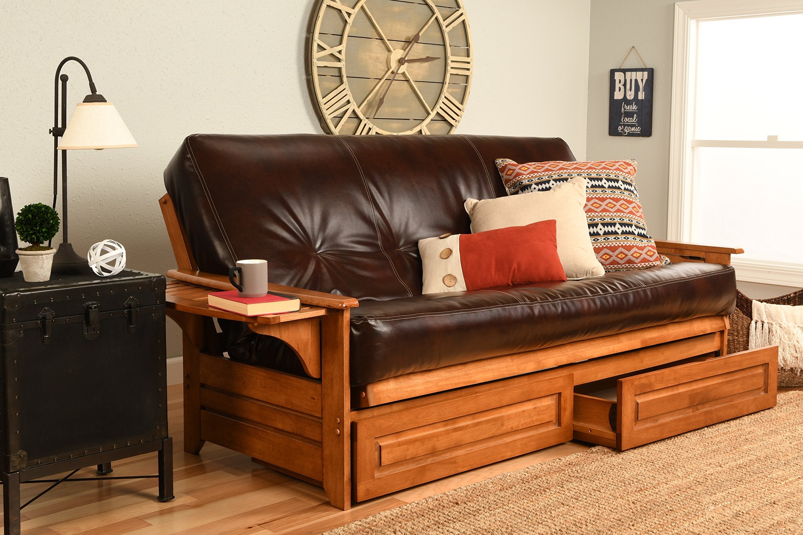 Kodiak Furniture Phoenix Barbados Storage Futon and Brown Faux Leather Mattress