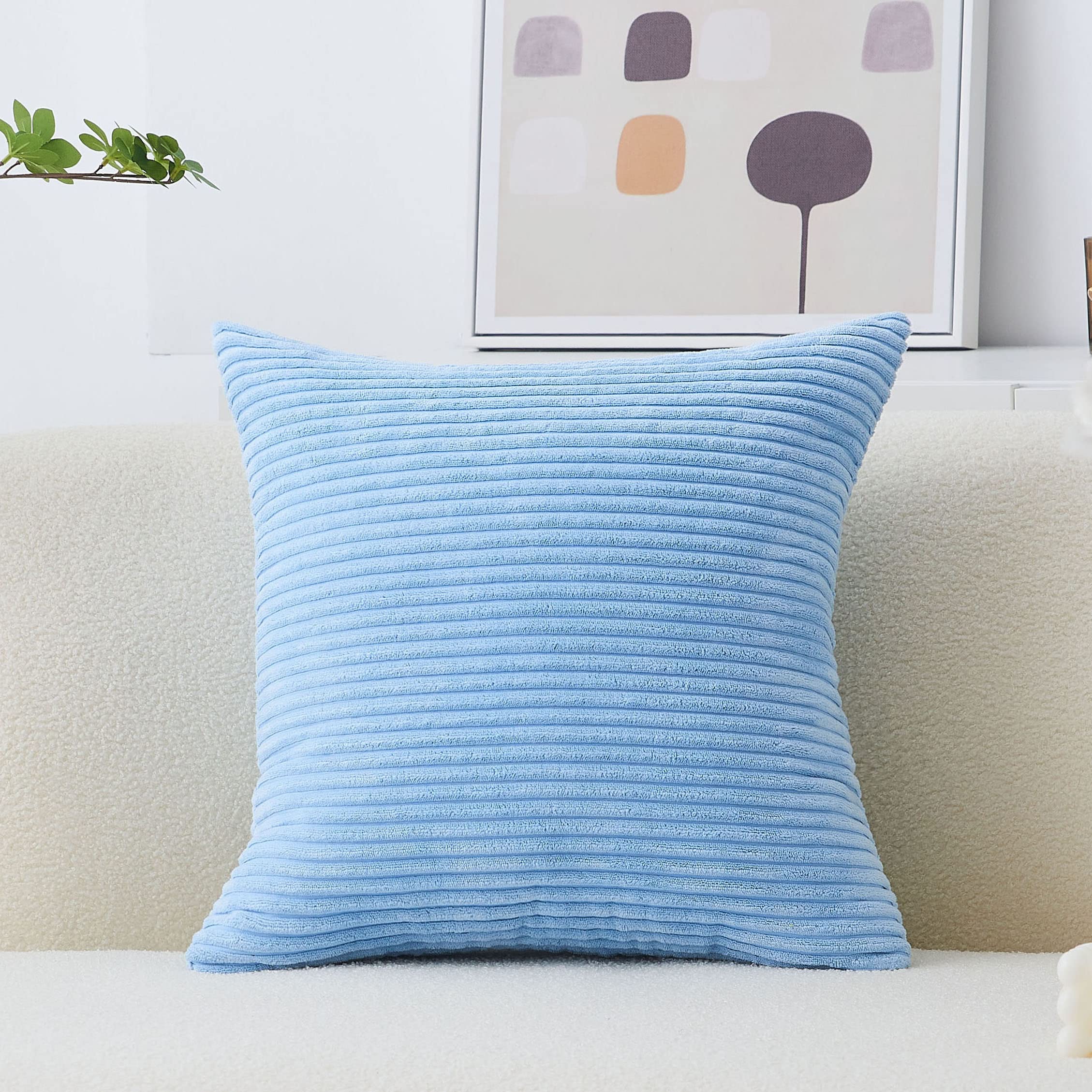 Home Brilliant Blue Throw Pillows For Couch Stripe Velvet Corduroy Euro Sham Large Cushion Cover For Sofa, 24 X 24 Inch (60Cm),