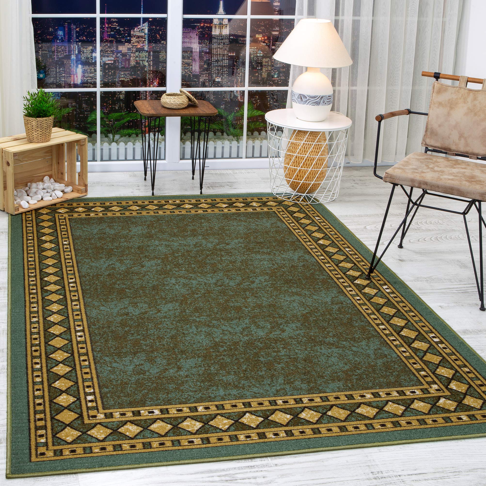 Antep Rugs Alfombras Modern Bordered 5x7 Non-Skid (Non-Slip) Low Profile Pile Rubber Backing Indoor Area Rugs (Green, 5 x 7)