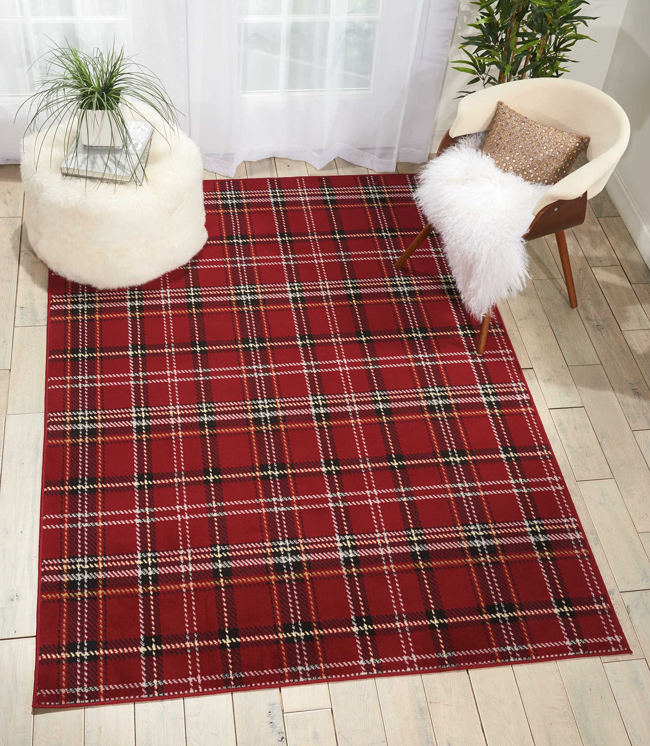 Nourison Grafix Red 53 x 73 Area-Rug, Modern, Plaid, Bed Room, Living Room, Dining Room, Kitchen, Easy-Cleaning, Non Shedd