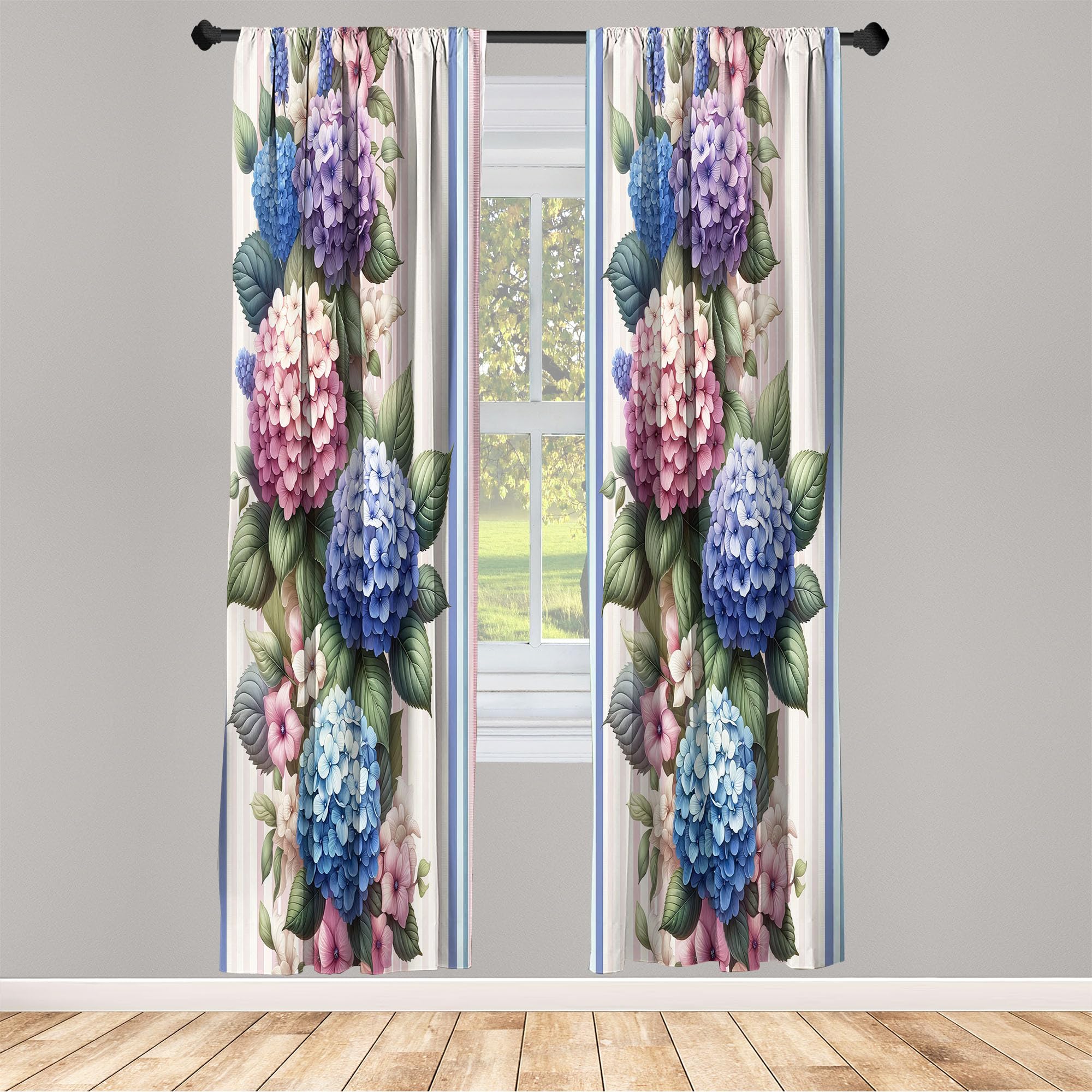 Ambesonne Floral Curtains, Leafy Huddle Of Modern Illustrated Hydrangea On Pastel Striped Back, Window Treatments 2 Panel Set Fo
