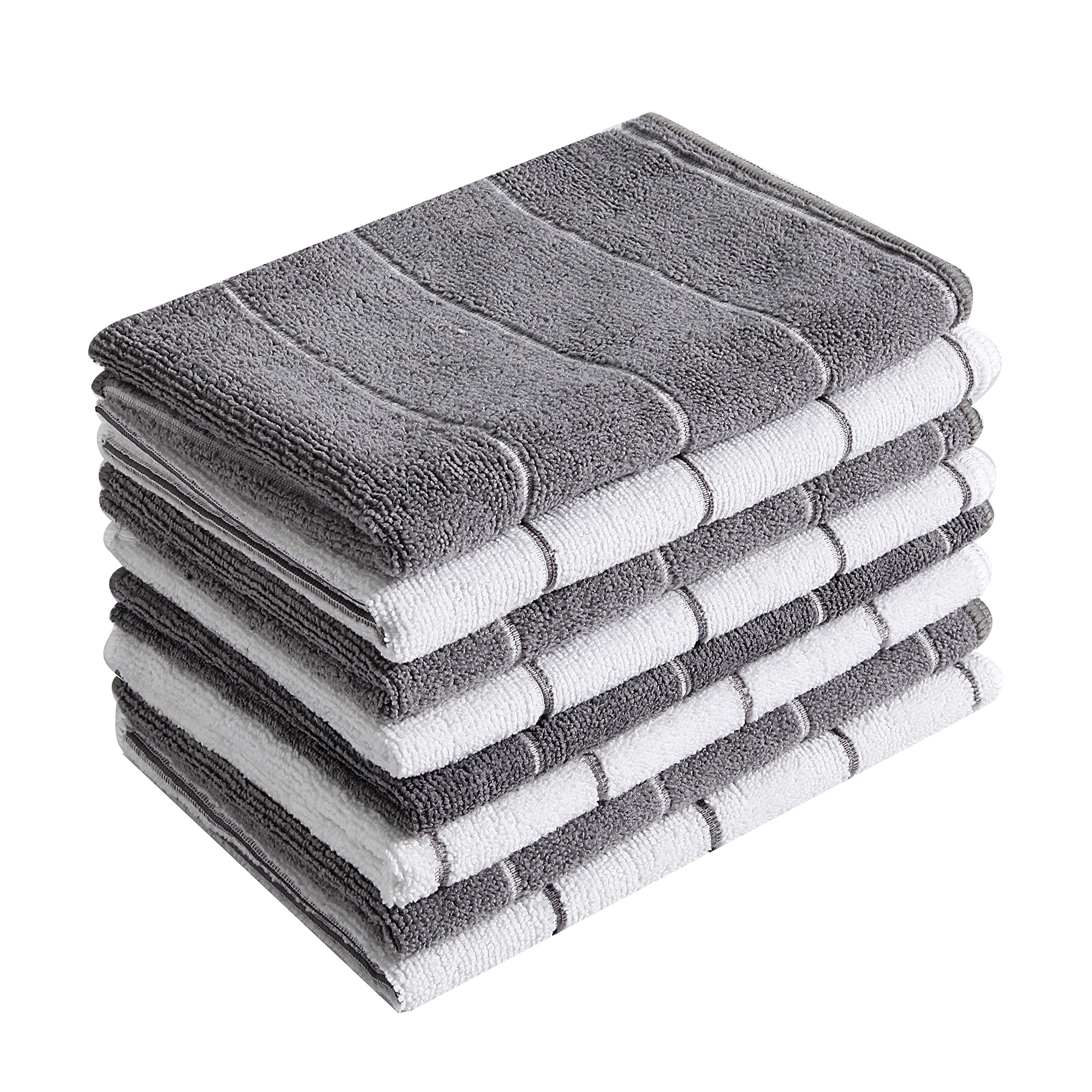 Microfiber Kitchen Towels - Super Absorbent, Soft and Solid Color Dish Towels, 8 Pack (Stripe Designed Grey and White Colors), 2