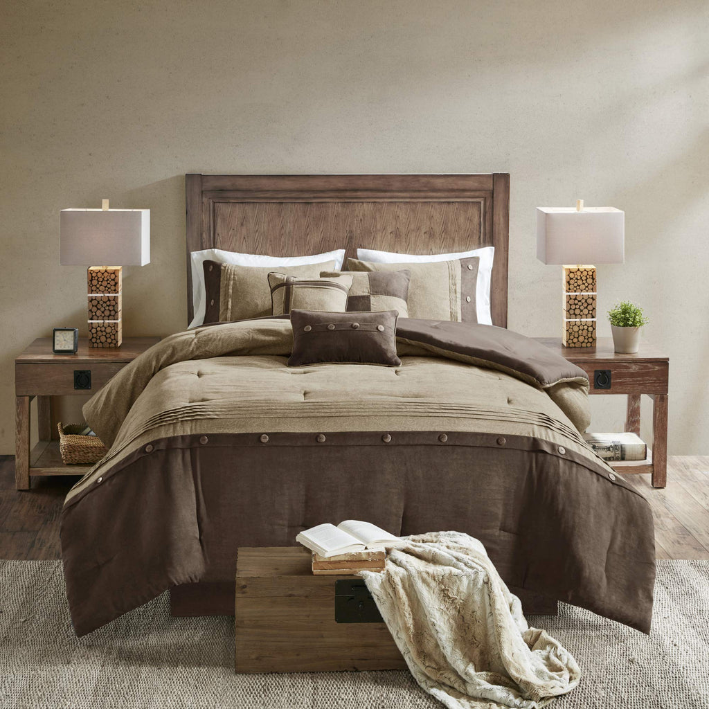 Madison Park Boone Cozy Comforter Set, Faux Suede, Deluxe Hotel Styling All Season Down Alternative Bedding Matching Shams, Decorative Pillow, Queen (90 In X 90 In), Rustic Brown 7 Piece