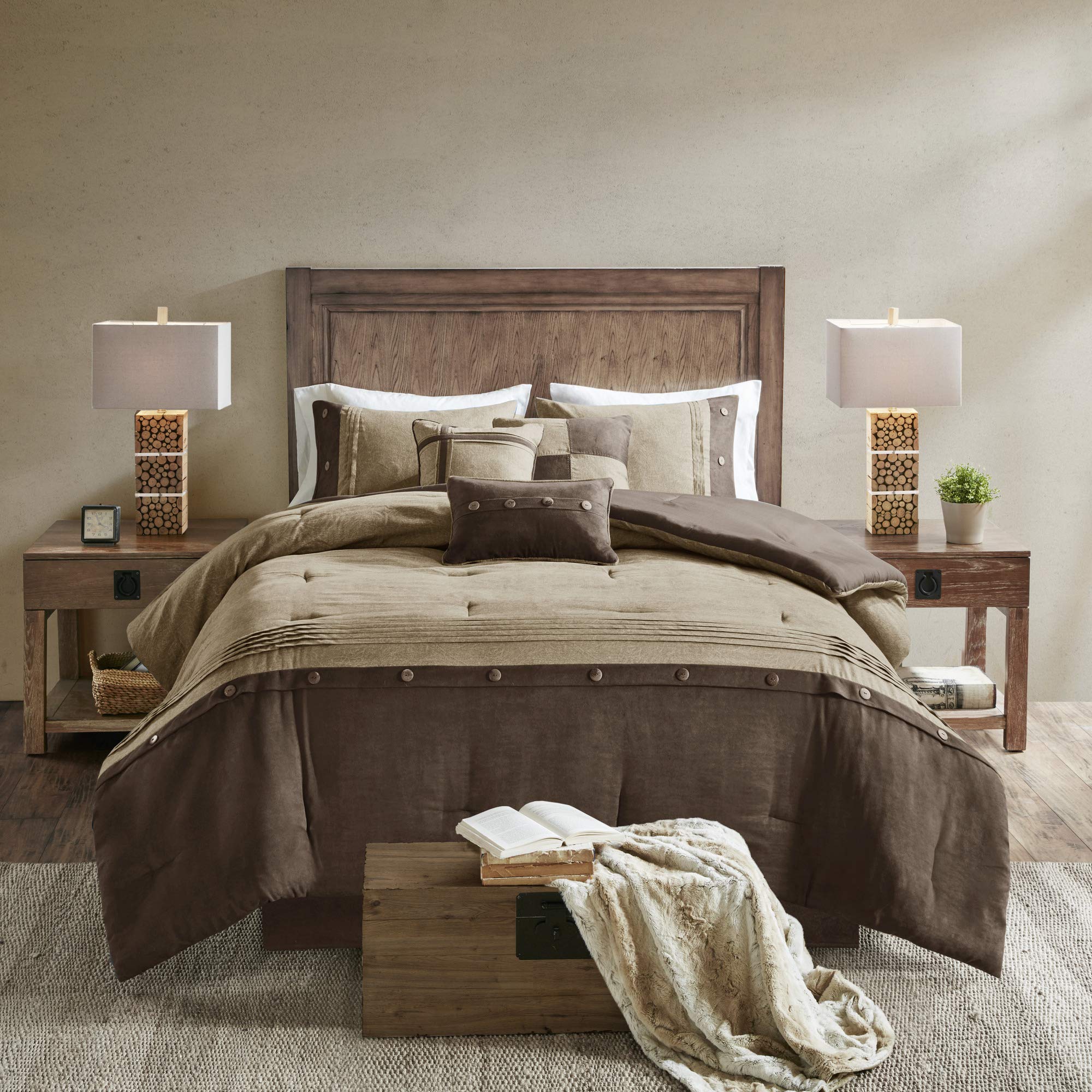 Madison Park Boone Cozy Comforter Set, Faux Suede, Deluxe Hotel Styling All Season Down Alternative Bedding Matching Shams, Decorative Pillow, Queen (90 In X 90 In), Rustic Brown 7 Piece