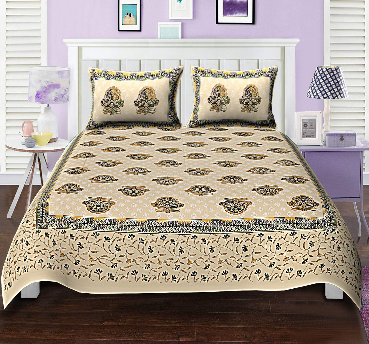 Rajasthani Gold Print Double Bed Sheet Set
