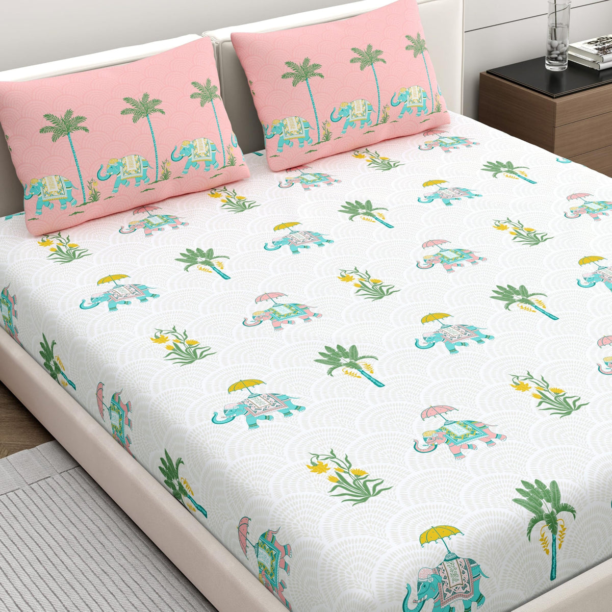 Home Ecstasy 140 TC 100% Cotton King Animal Bedsheet with 2 Pillow Covers  (Size 87 x 108 inches, 140 TC, Colour  Pink: Lemona