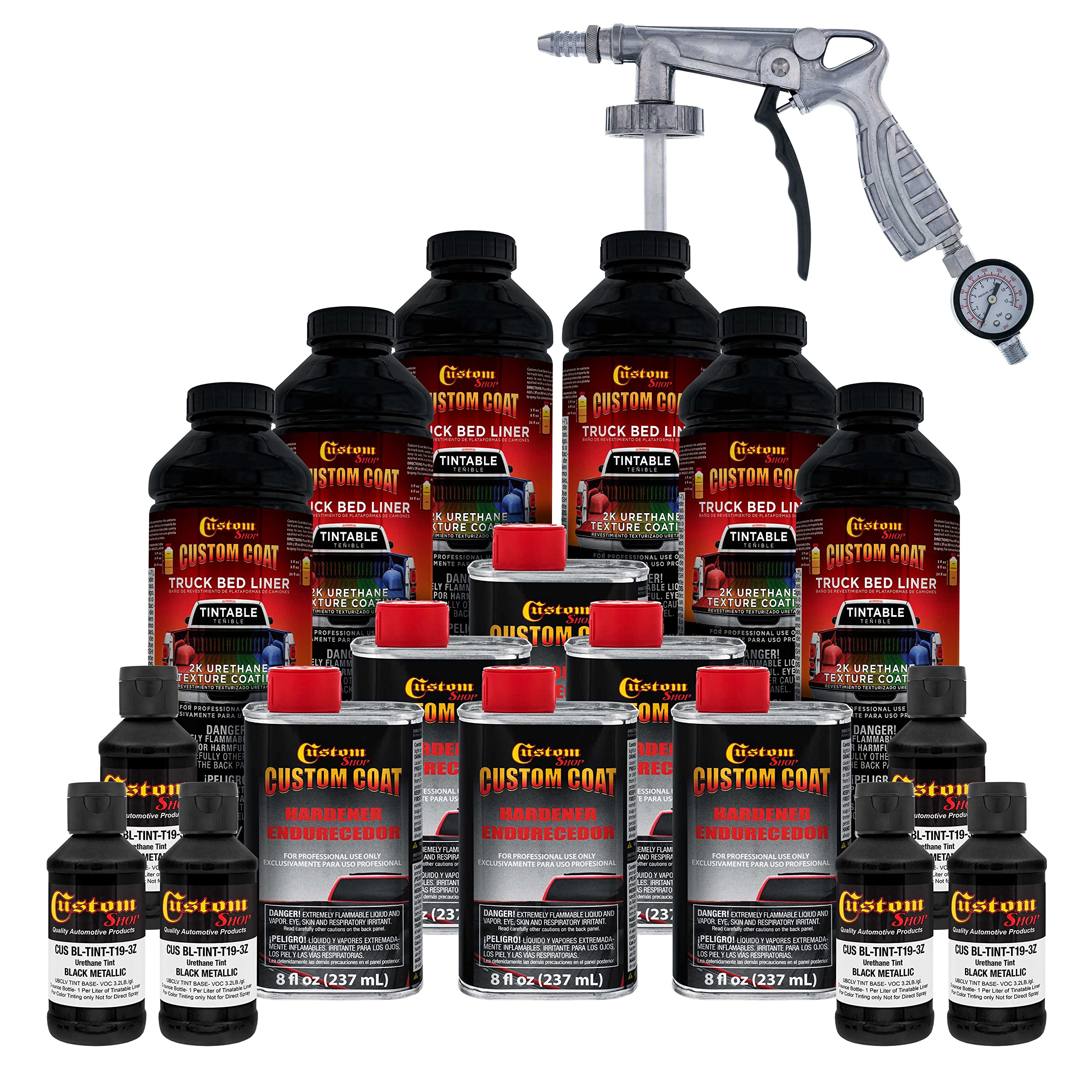 Custom Coat Black Metallic 1.5 Gallon (6 Quart) Urethane Spray-On Truck Bed Liner Kit With Spray Gun And Regulator - Easy Mixing