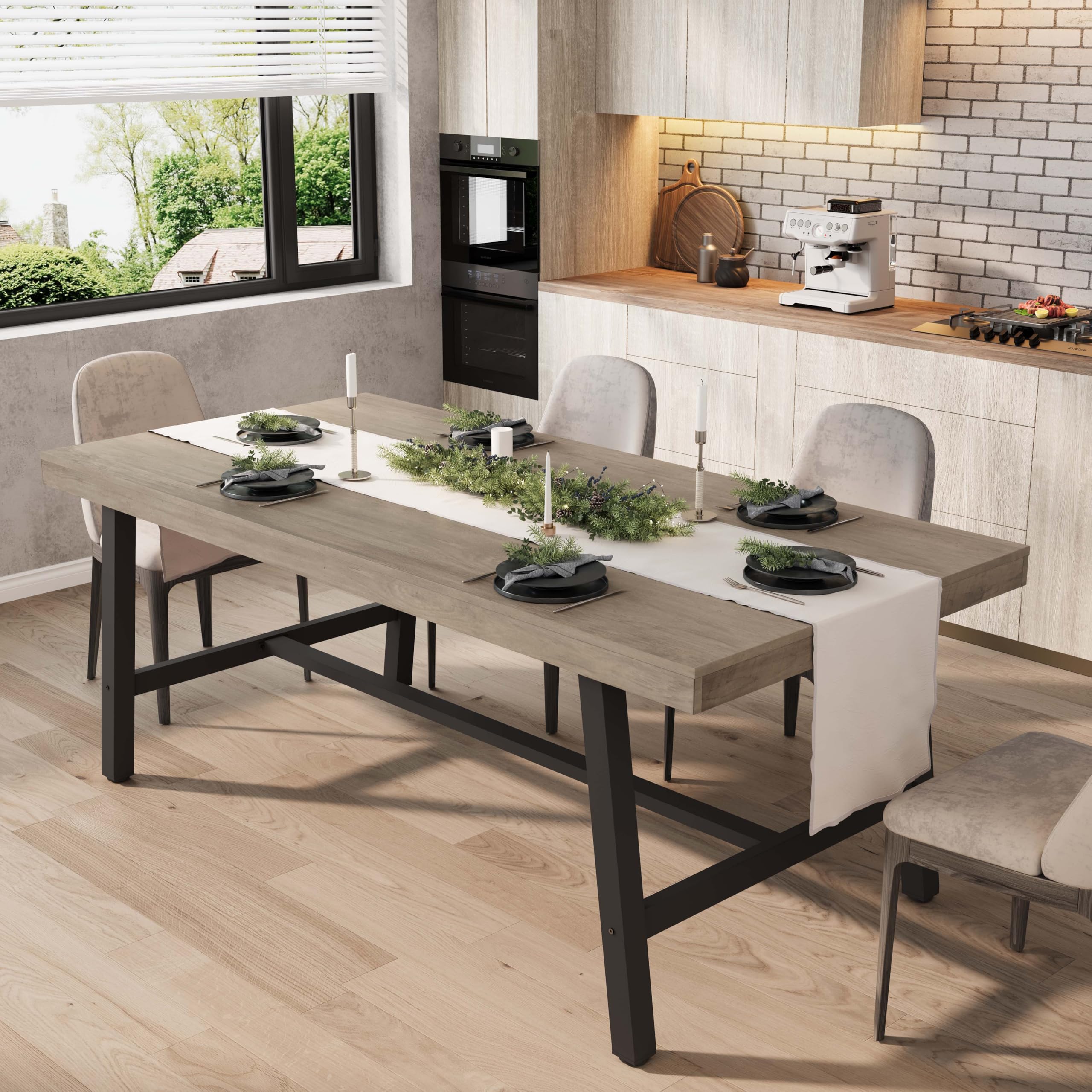 GarveeHome Industrial Dining Table for 6~8 People, 70.87 Long Rectangle Dining Table, Wooden Kitchen Table with Sturdy Metal Fra