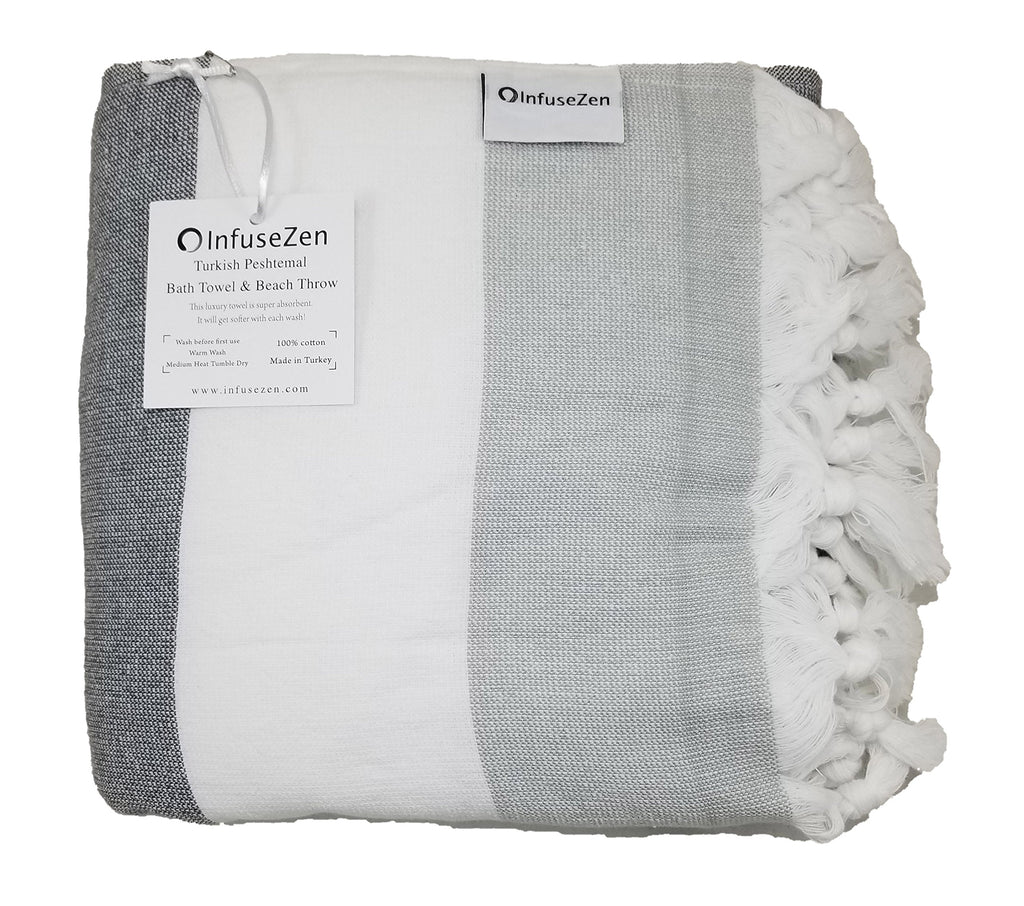 Infusezen Soft Terryback Large Turkish Towel, Striped Terry Backed Peshtemal Bath Towel, Gym And Beach Towel, Thin Oversized Ham