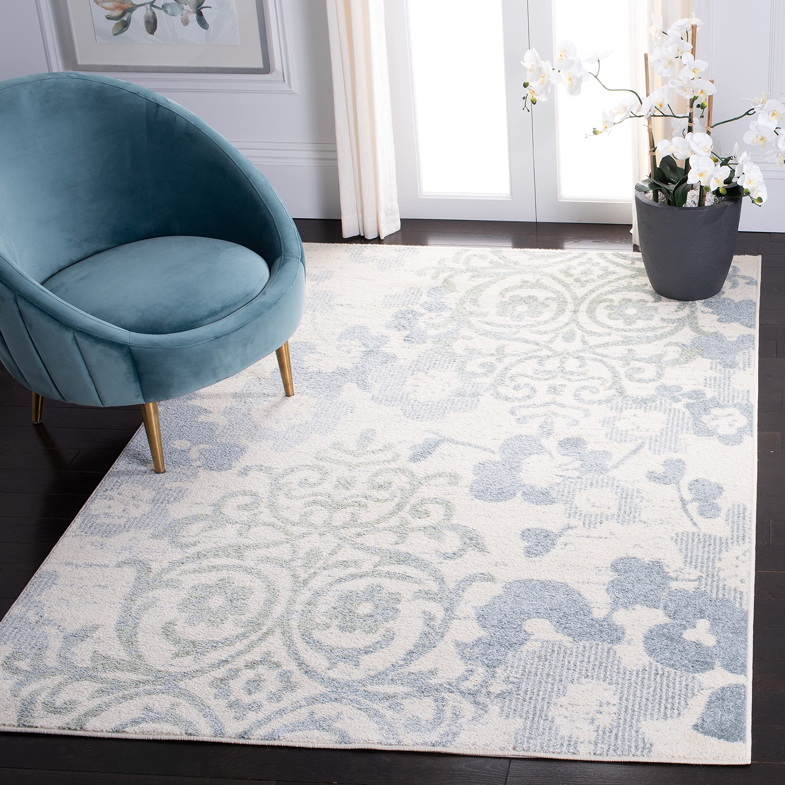 SAFAVIEH Adirondack Collection Area Rug - 6 x 9, Ivory & Blue, Floral Glam Damask Distressed Design, Non-Shedding & Easy Care,