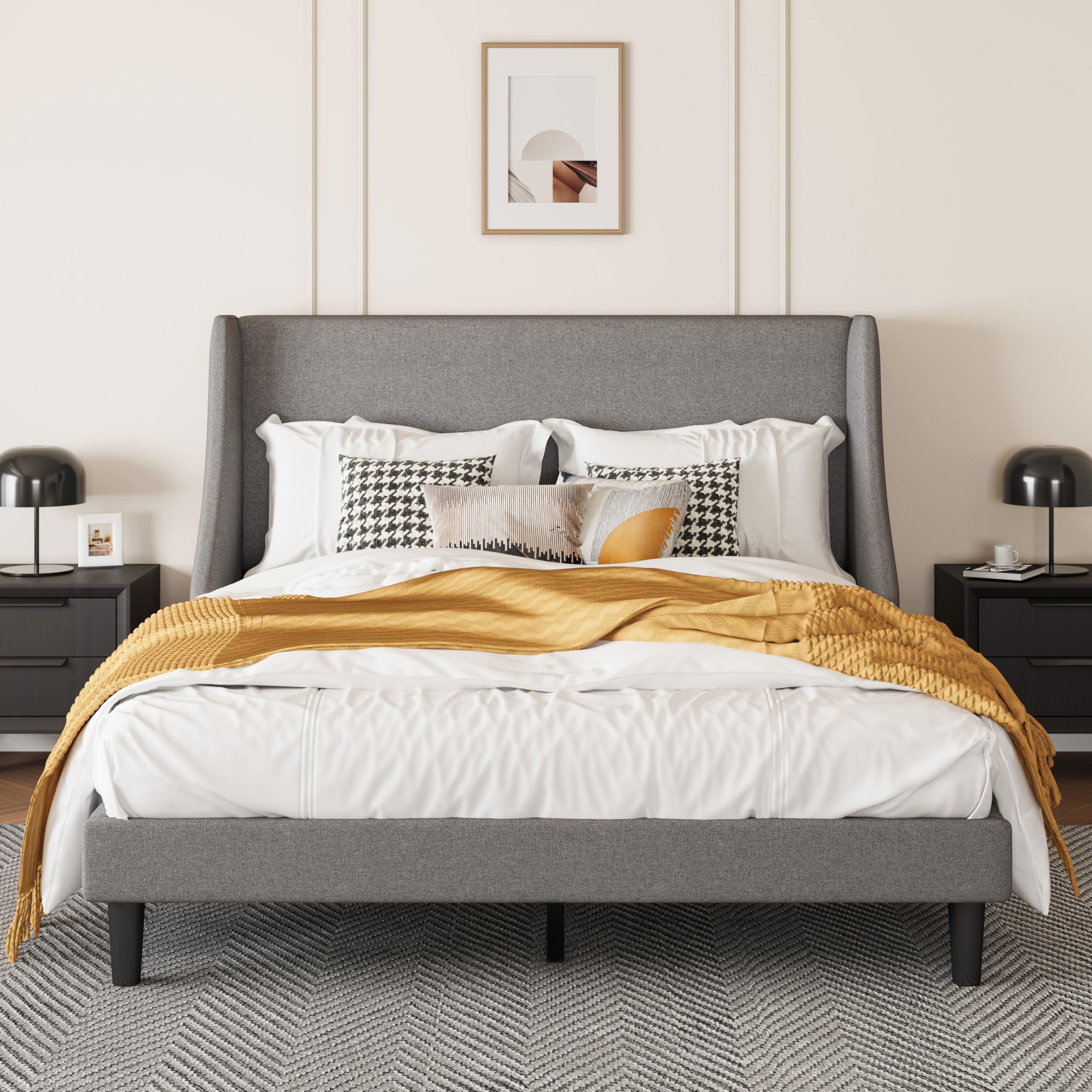 SHA CERLIN Upholstered Bed Frame Queen Size with Streamlined Wingback Headboard, Breathable Linen Fabric, Solid Wooden Slats, Ea