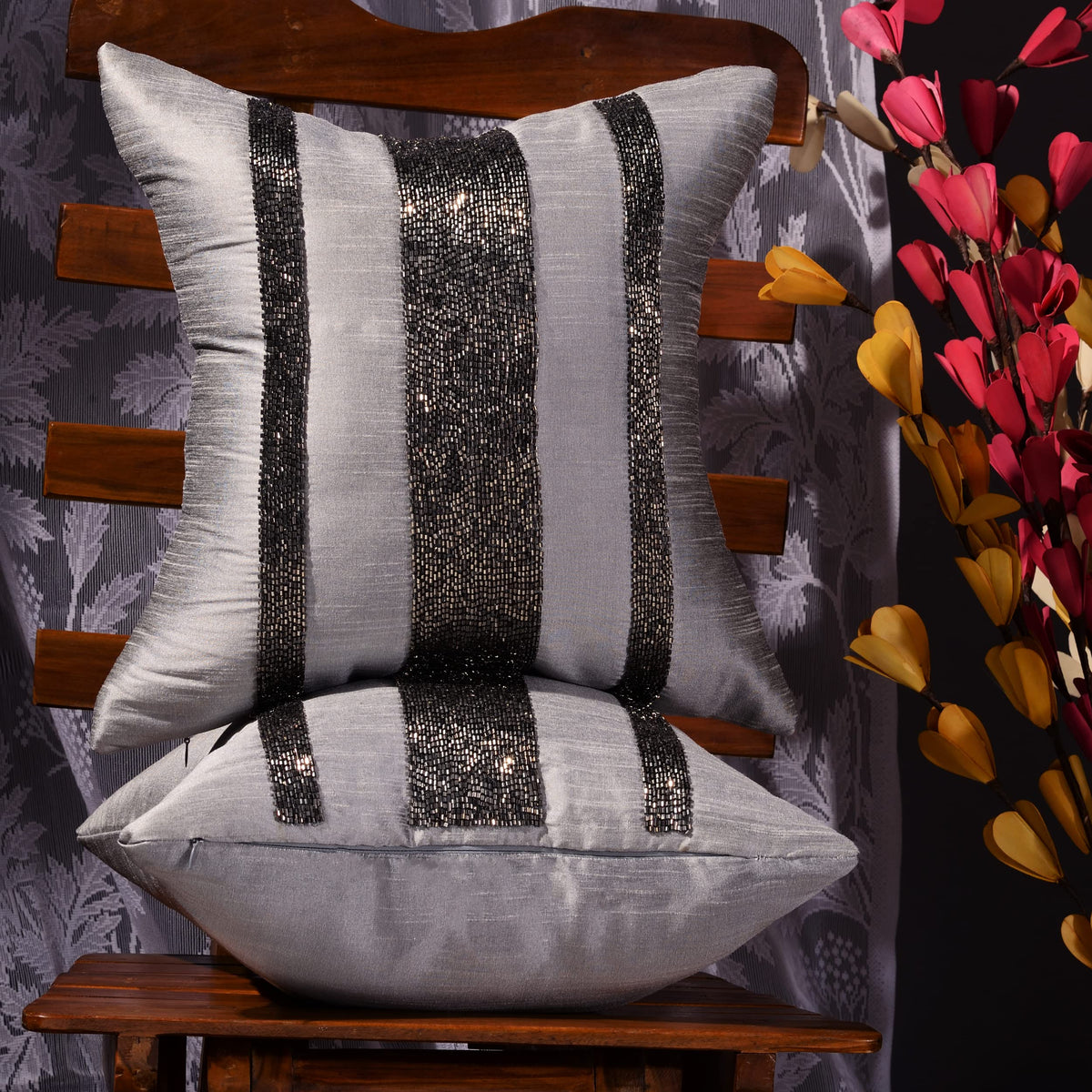 Scarlett Linens Embroidered Cushion Covers 16X16 Inches | Grey Beaded Handmade Cushion Covers Pack Of 1 | Decorative Pillows For