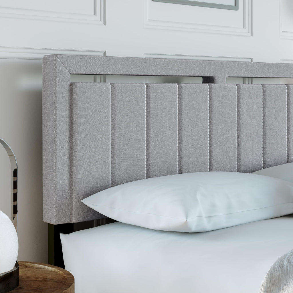 Boyd Sleep Beaumont Upholstered Platform Bed with Headboard, Mattress Foundation with Strong 14 Wood Slat Supports, No Box Spring Required, Gray Linen, Size King