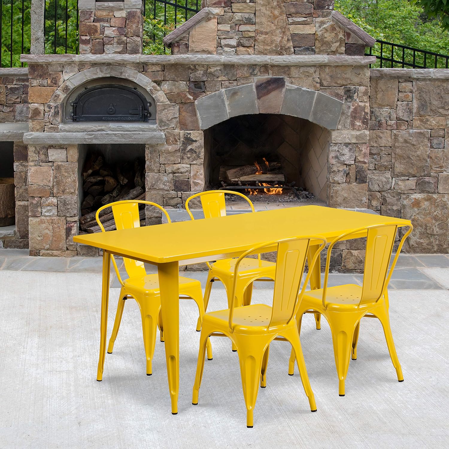 Commercial Grade 31.5 Square Yellow Metal Indoor-Outdoor Table Set with 4 Stack Chairs