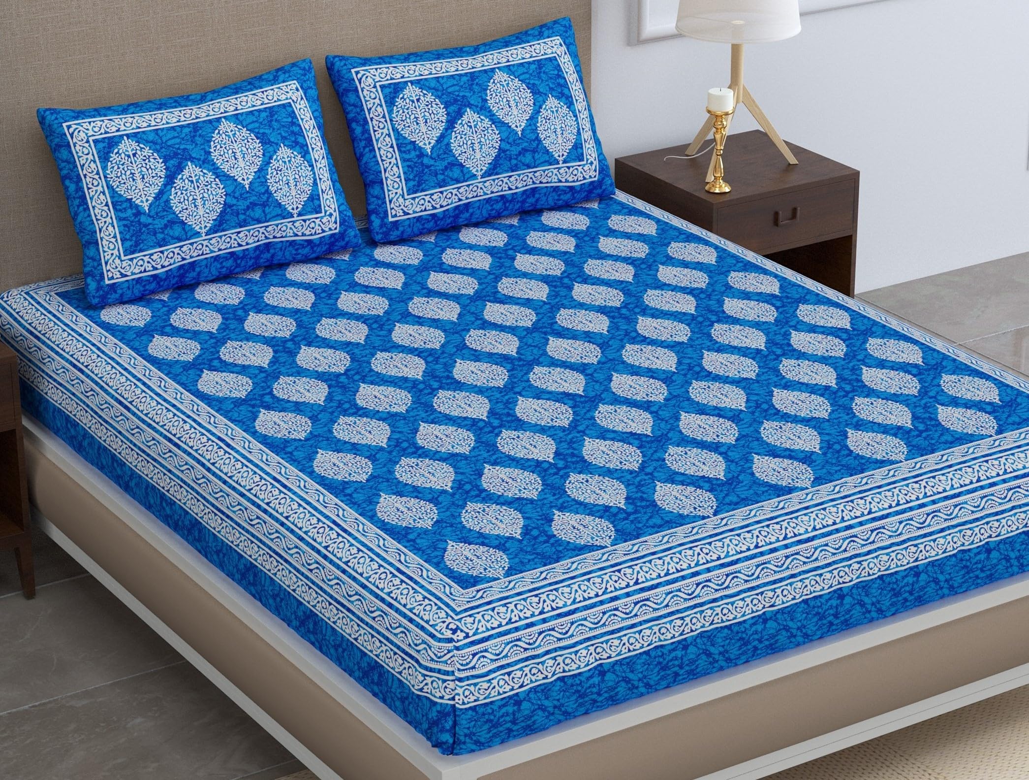 Sheetkart 144 Tc Cotton Printed Jaipuri Double Bedsheet With 2 Pillow Covers, Sapphire Blue