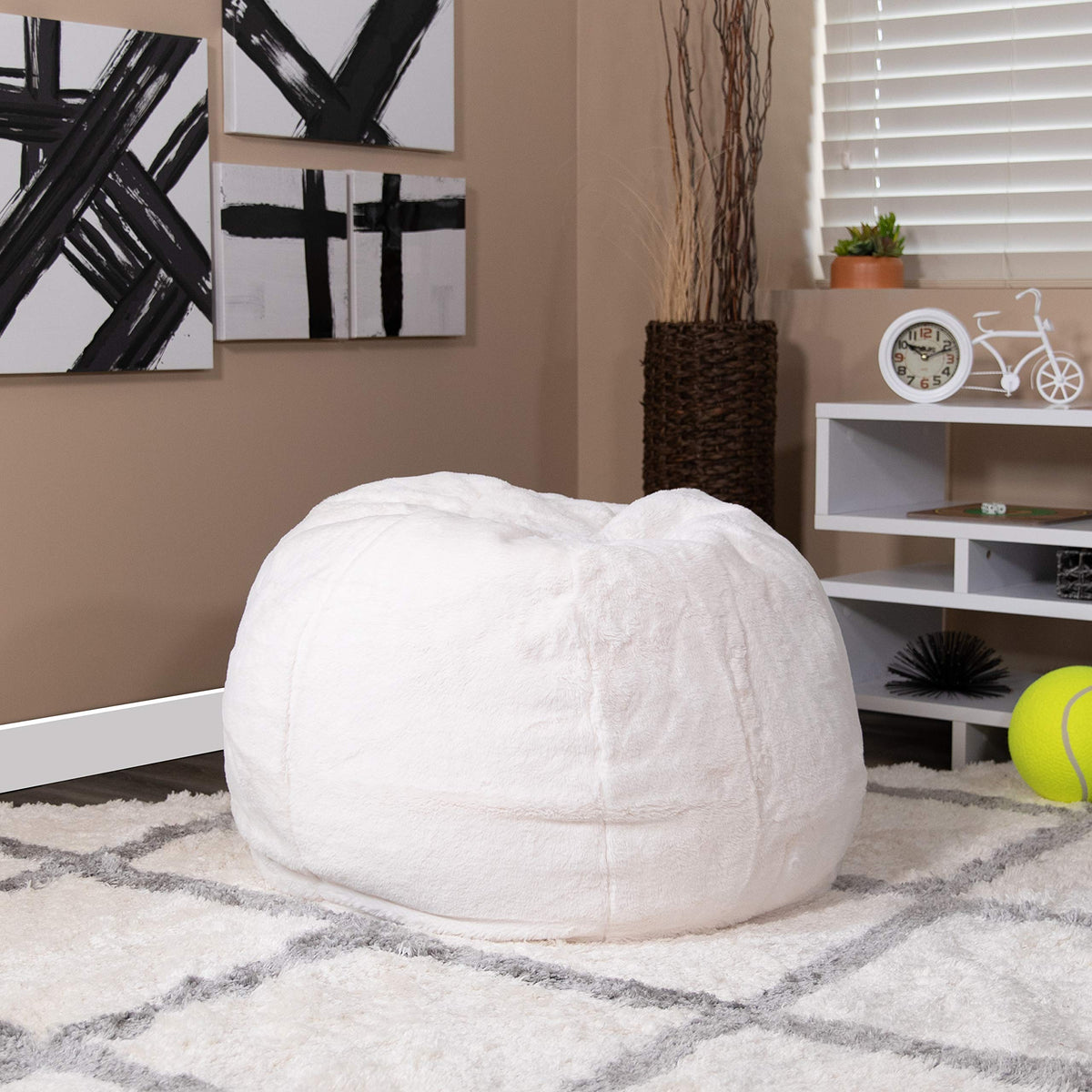 EMMA + OLIVER Small White Furry Bean Bag Chair for Kids and Teens
