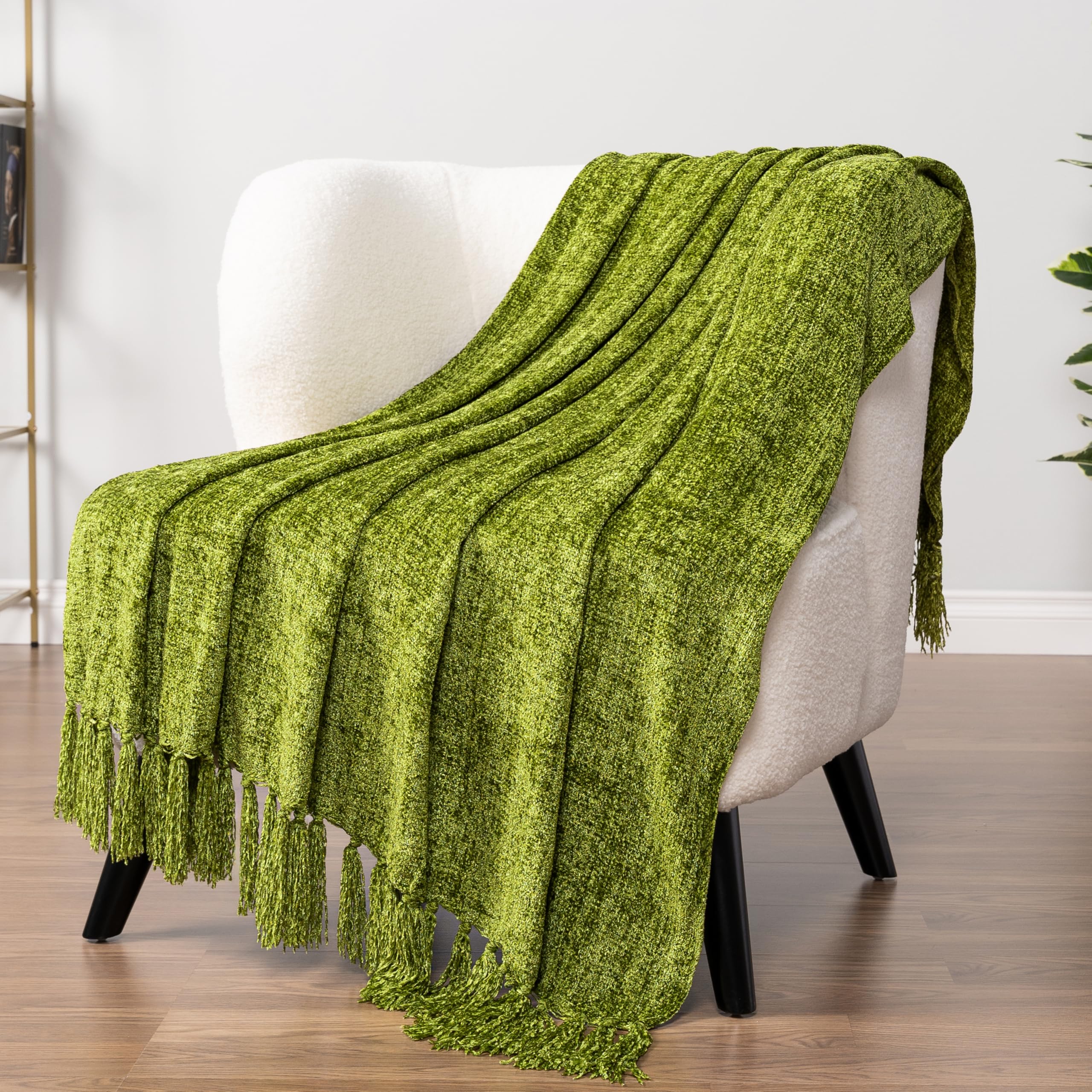 Pavilia Olive Green Throw Blanket For Couch, Chenille Blanket For Sofa Bed, Soft Knit Woven Blanket With Tassel, Decorative Blan