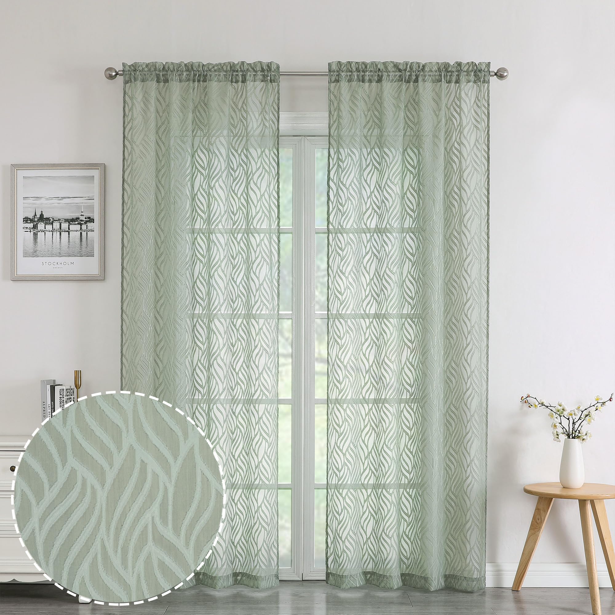 Chyhomenyc Marilyn Sage Green Sheer Curtains 72 Inch Length 2 Panels, Light Filtering Soft Airy 3D Leaf Clip Jacquard Textured C
