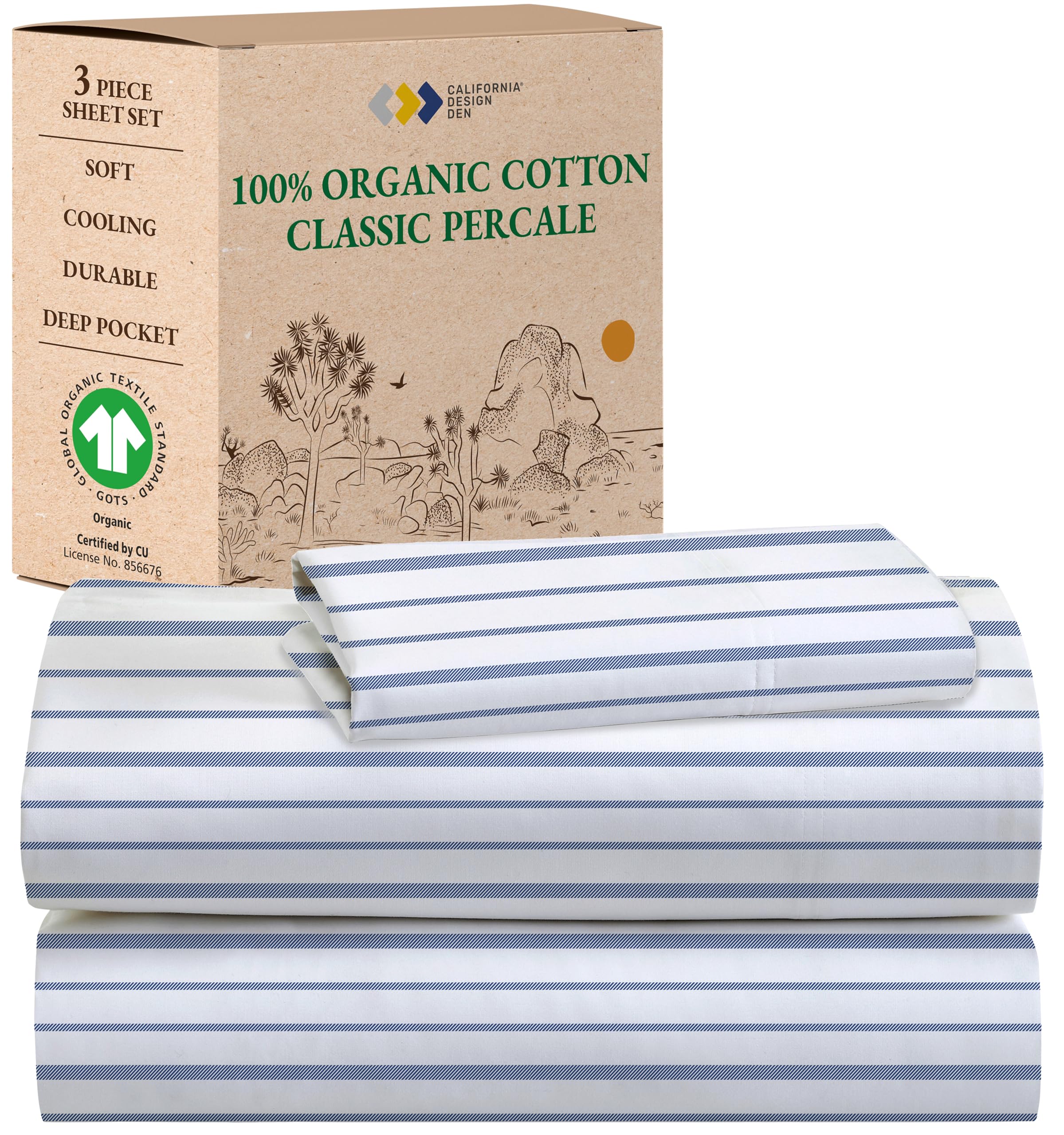 California Design Den Blue Stripe Twin Sheet Set, 100% Organic Cotton Percale Sheets, Deep Pocket Twin Sheets & Pillowcase Set - Blue Stripe