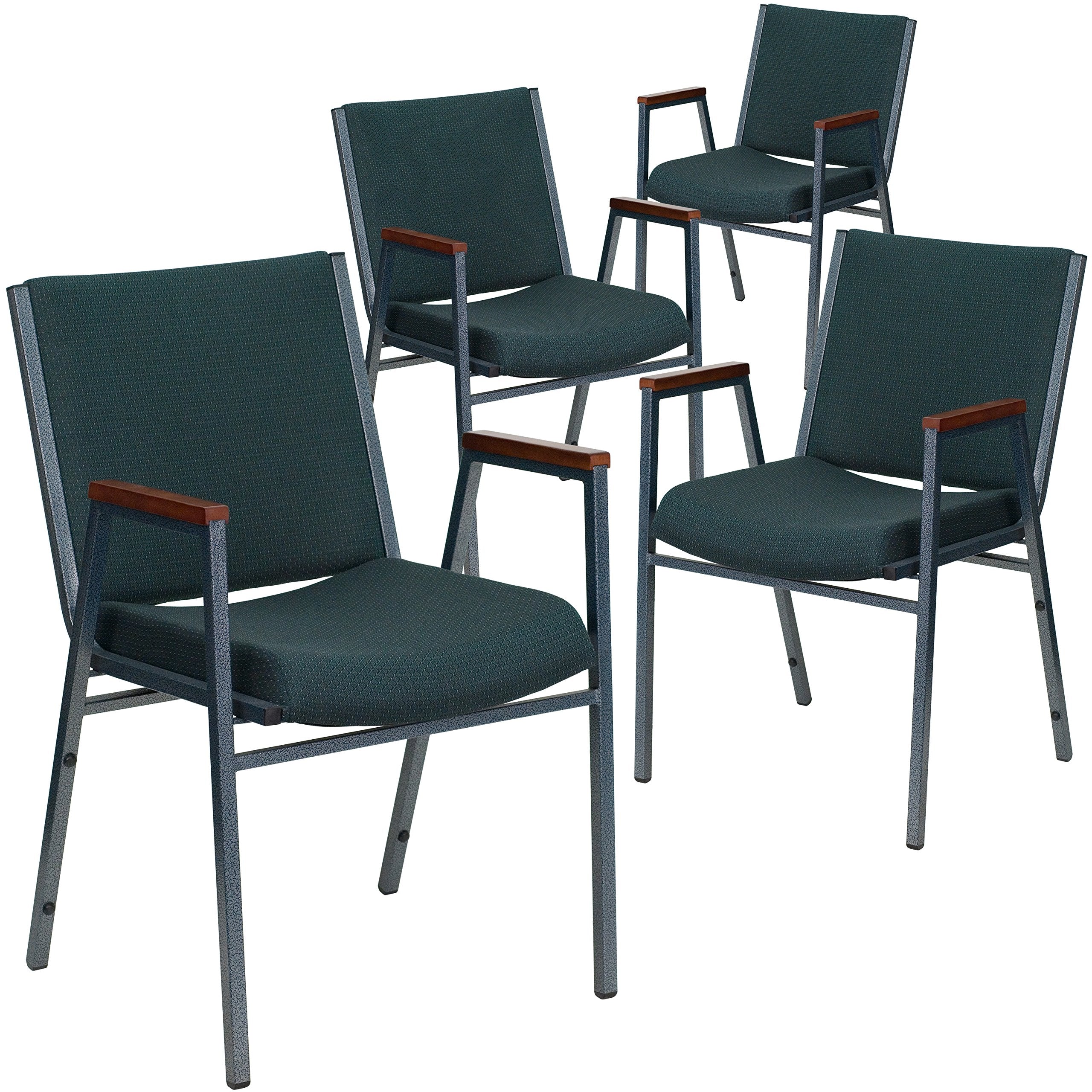 4 Pk. 3 Thickly Padded, Green Patterned Upholstered Stack Chair with Arms