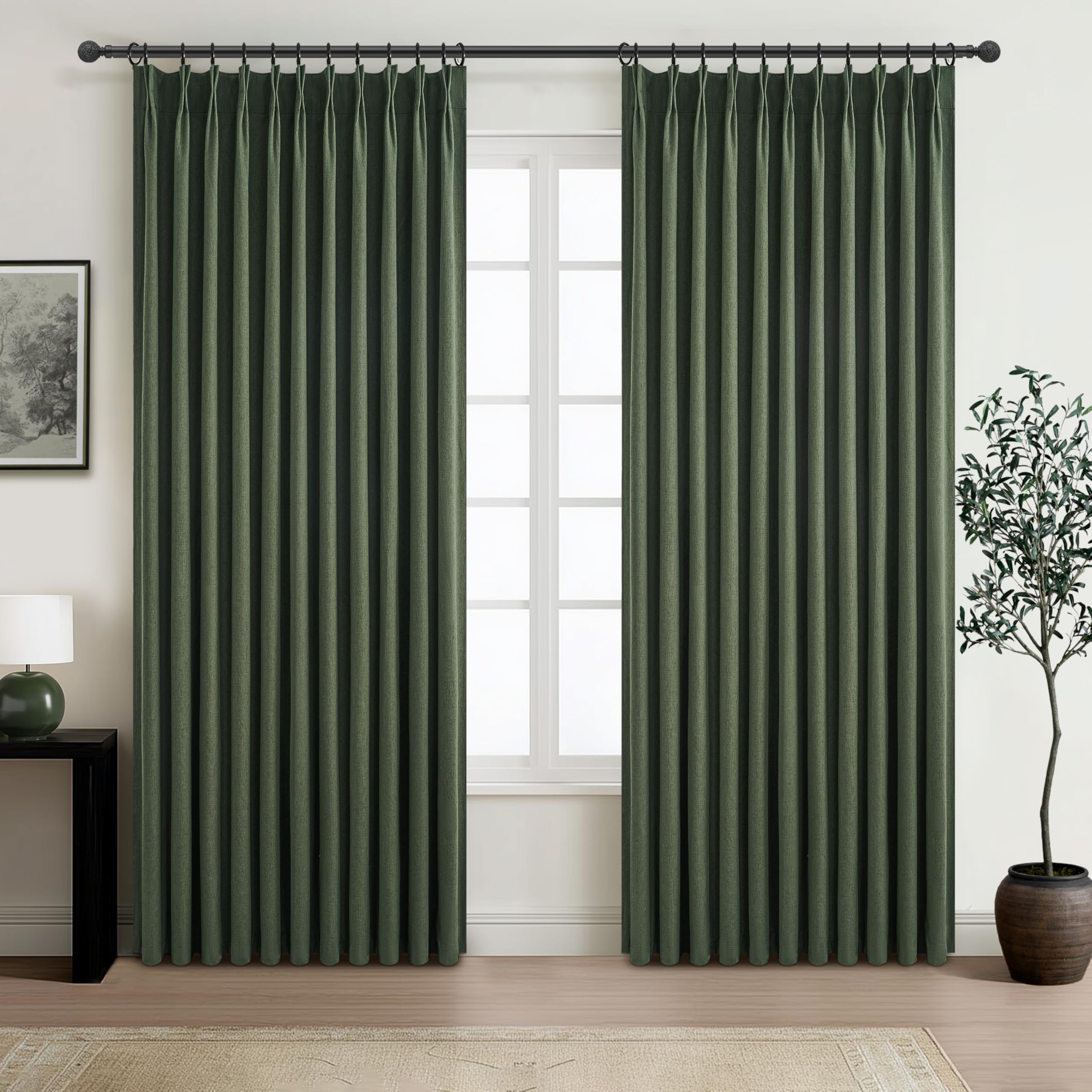 Curtains 70 Inch Length Extra Wide Pinch Pleated Blackout Curtain for Sliding Glass Door/Living Room, Farmhouse Olive Green Thic