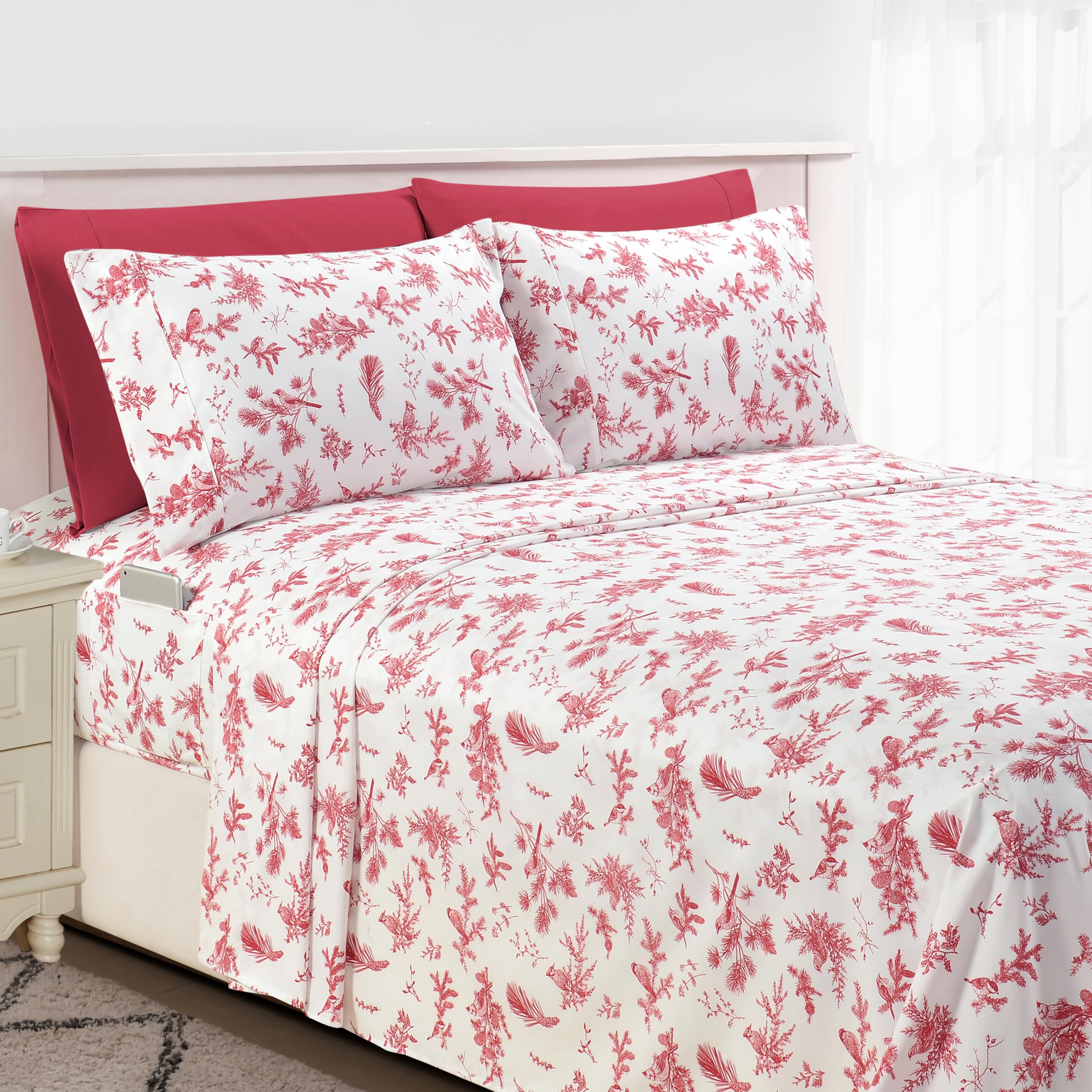 Elegant Comfort Luxury Soft Bed Sheets Cardinal Pattern - 1500 Premium Hotel Quality Microfiber Softness Wrinkle And Fade Resistant (4-Piece) Bedding Set, Twin, Cardinal